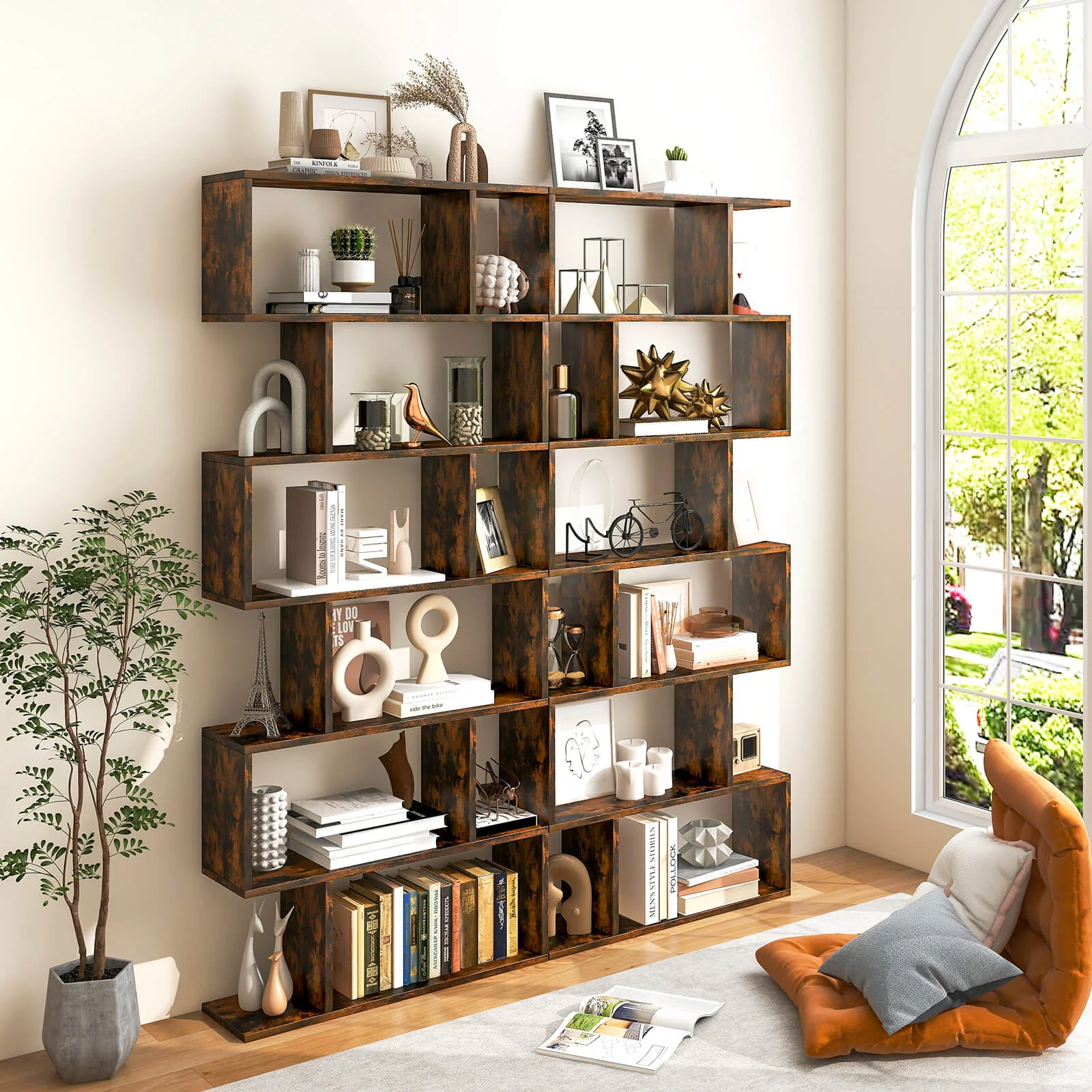 6 Tier S-Shaped Bookshelf, Brown - Image 2