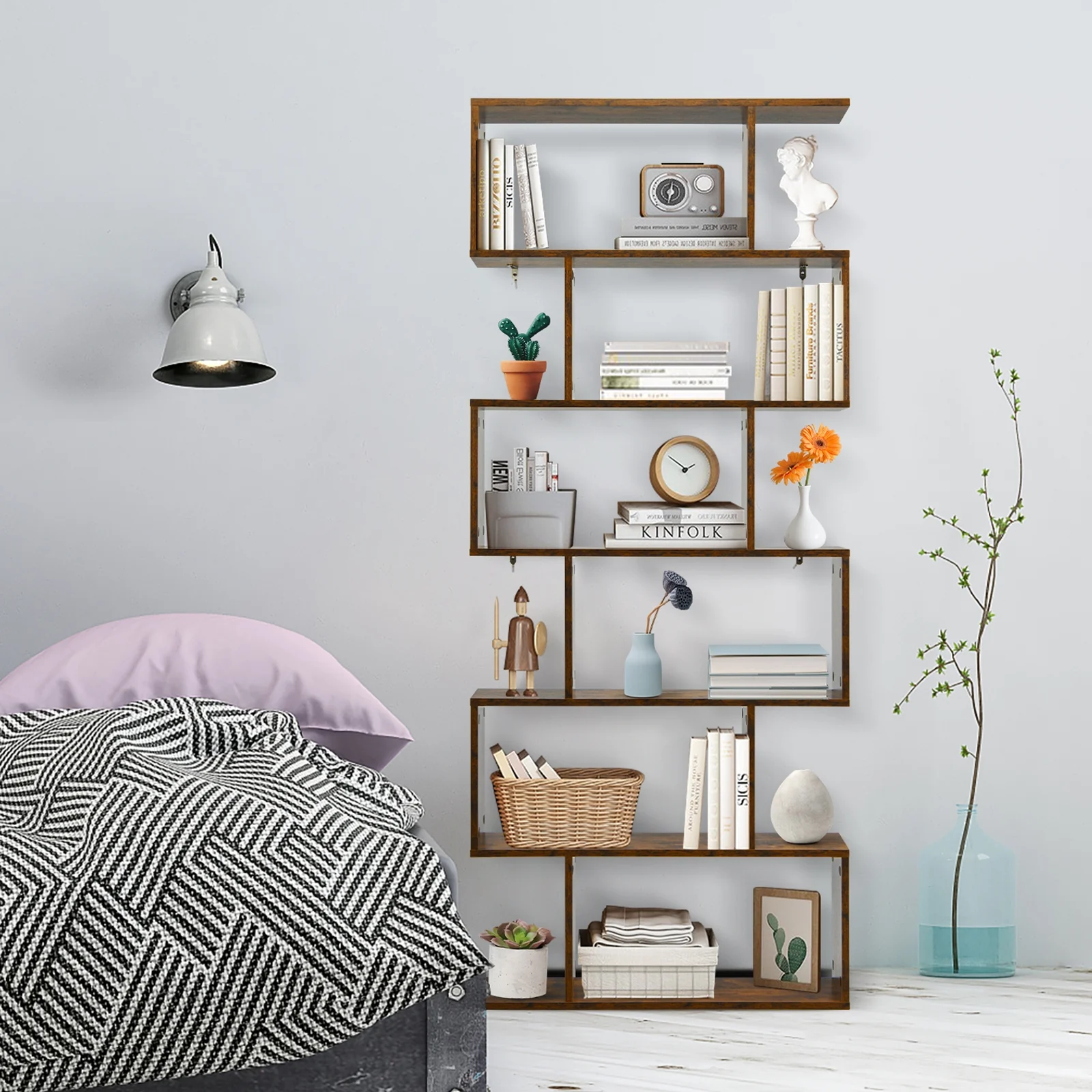 6 Tier S-Shaped Bookshelf, Brown - Image 3