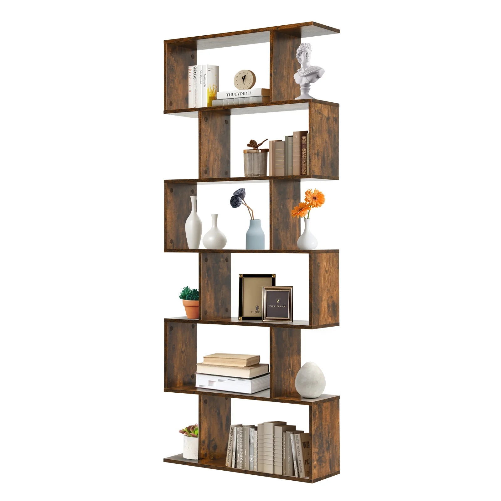 6 Tier S-Shaped Bookshelf, Brown - Image 5