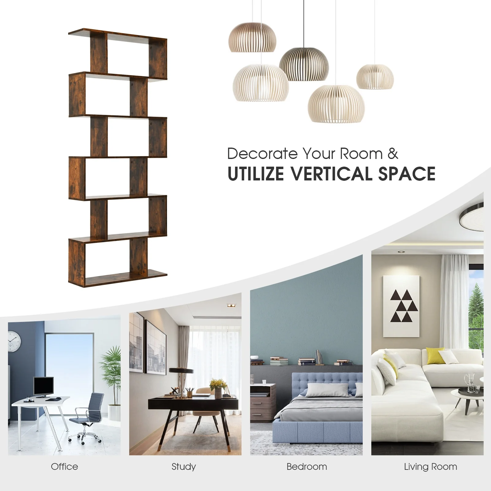 6 Tier S-Shaped Bookshelf, Brown - Image 8
