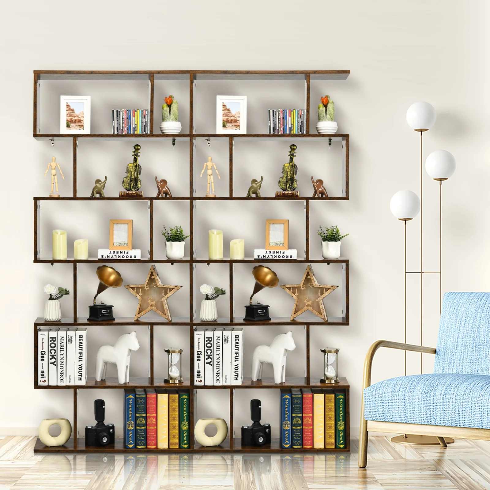 6 Tier S-Shaped Bookshelf, Brown - Image 9