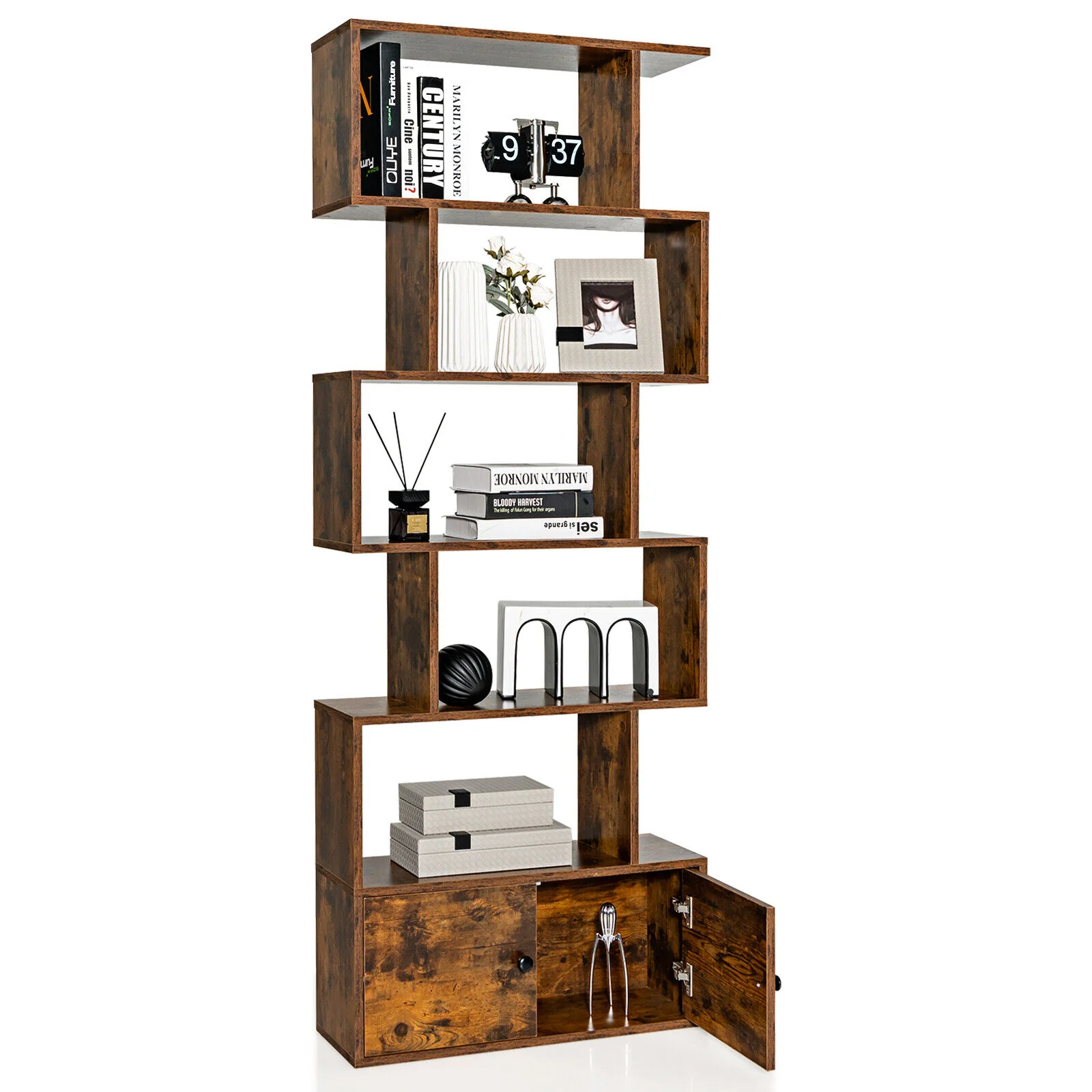 6-Tier S-Shaped Bookshelf With Cabinet, Doors, Coffee - Image 10