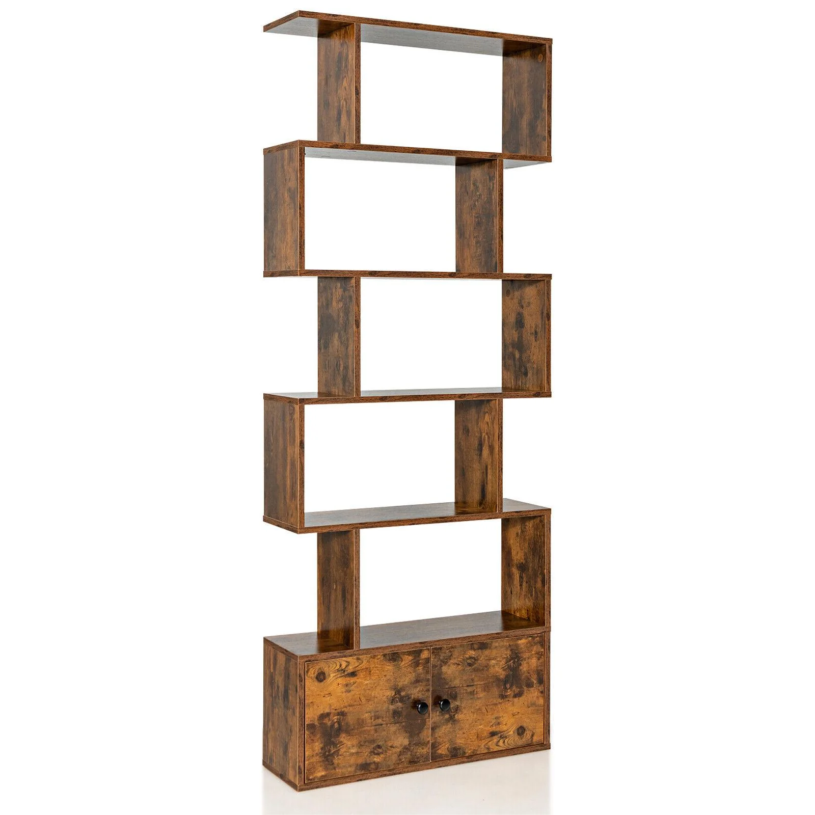 6-Tier S-Shaped Bookshelf With Cabinet, Doors, Coffee - Image 2