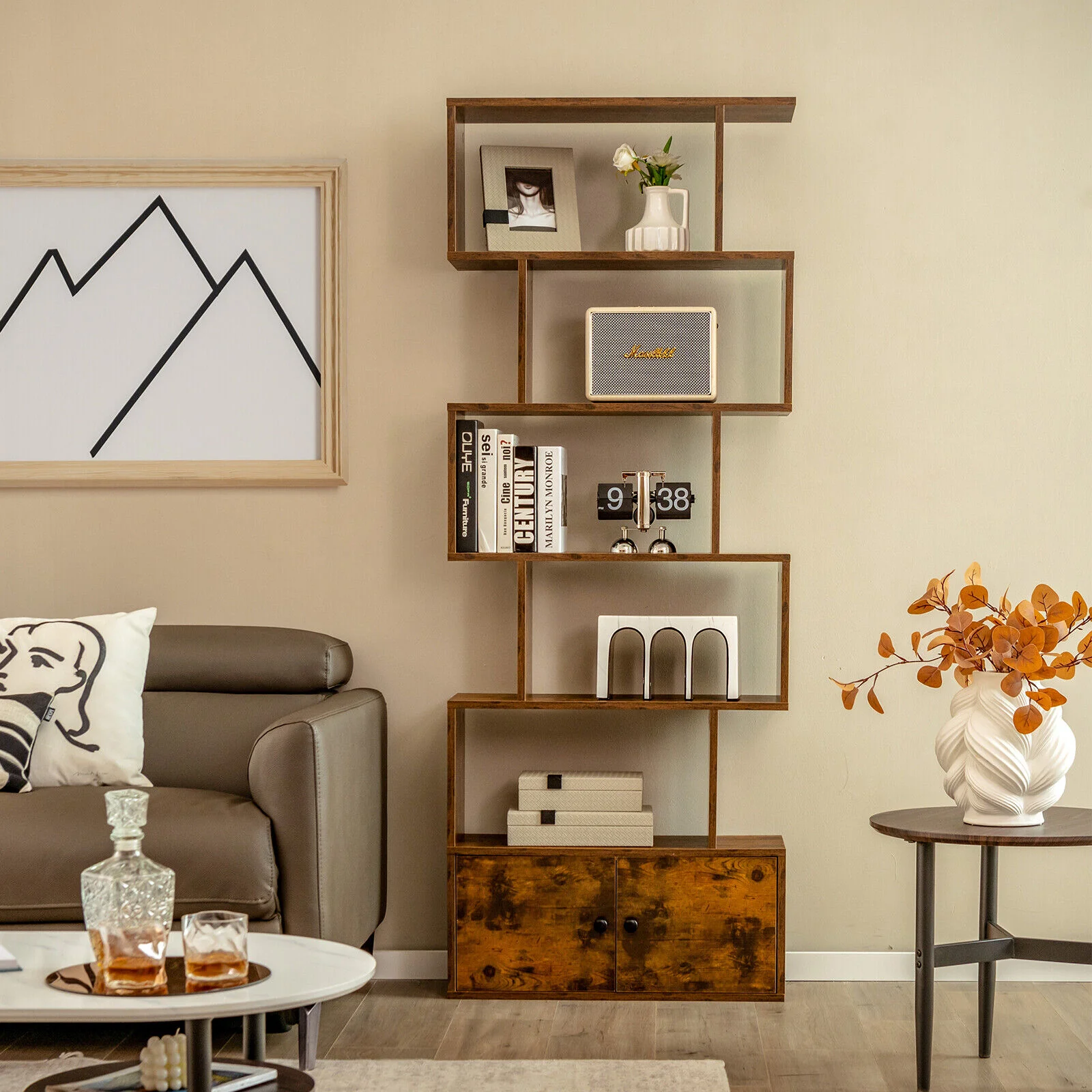 6-Tier S-Shaped Bookshelf With Cabinet, Doors, Coffee - Image 3