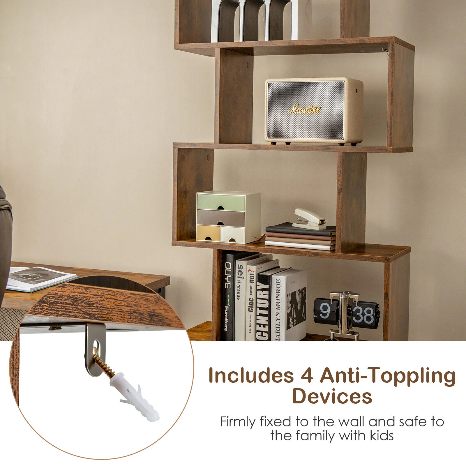 6-Tier S-Shaped Bookshelf With Cabinet, Doors, Coffee - Image 4