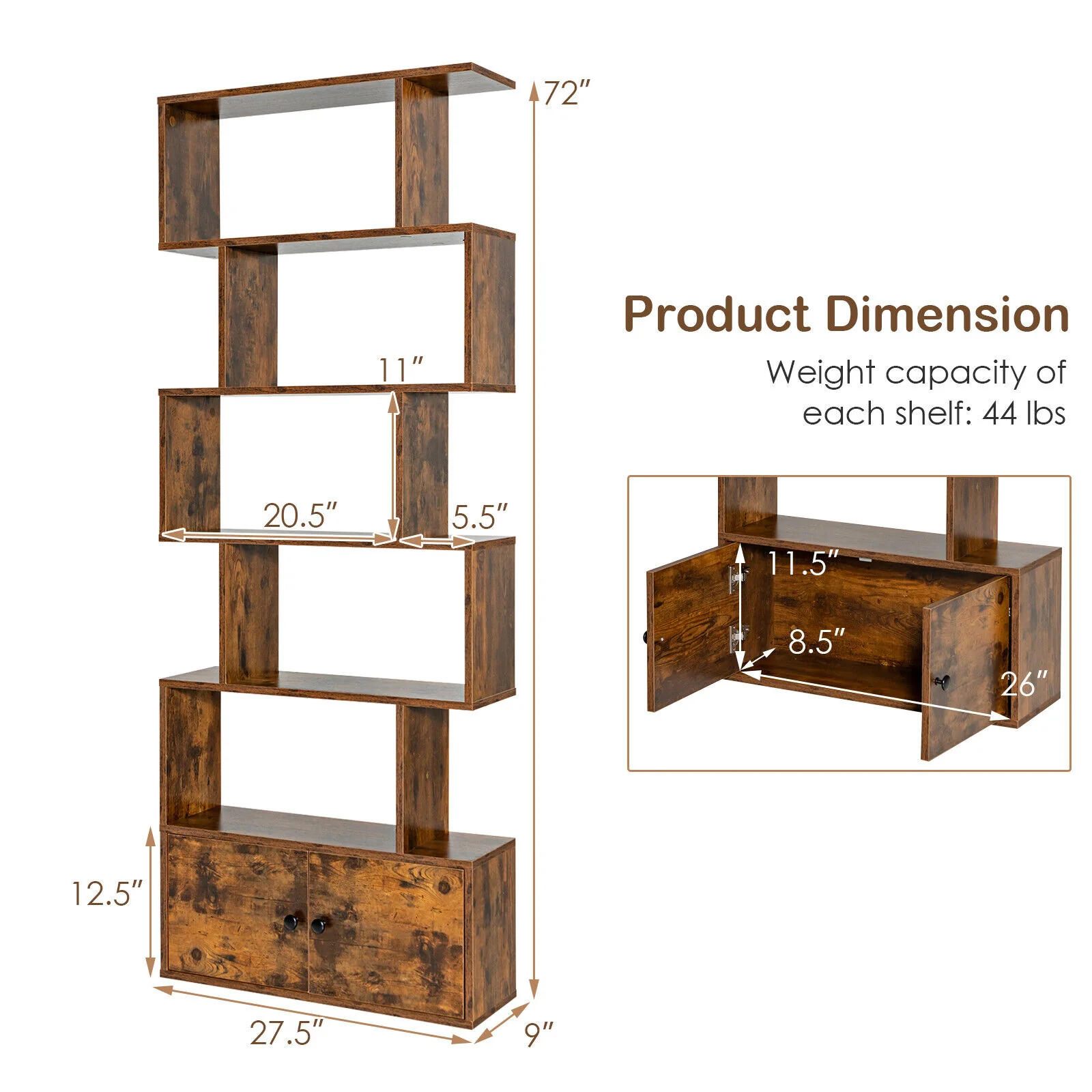 6-Tier S-Shaped Bookshelf With Cabinet, Doors, Coffee - Image 5
