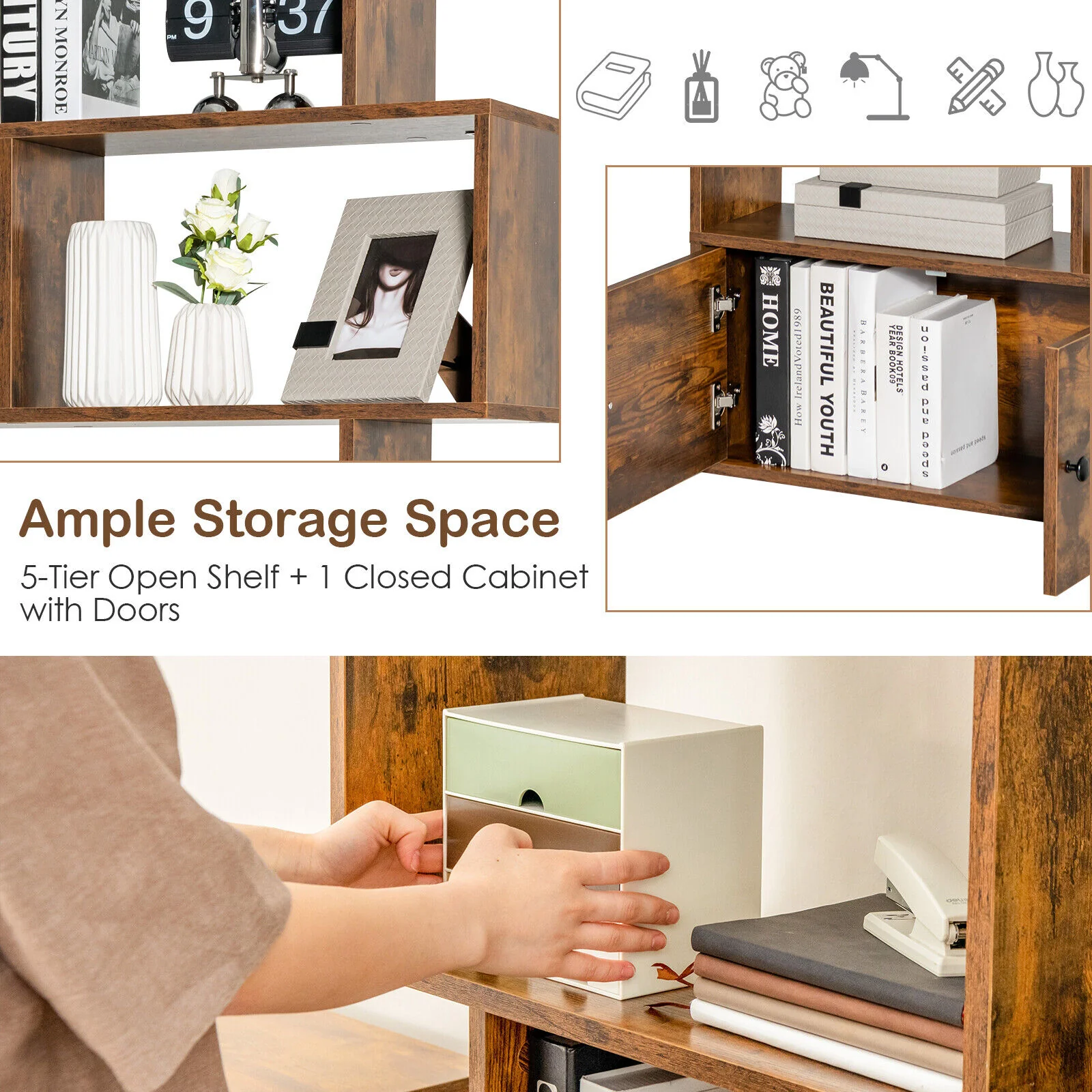 6-Tier S-Shaped Bookshelf With Cabinet, Doors, Coffee - Image 6