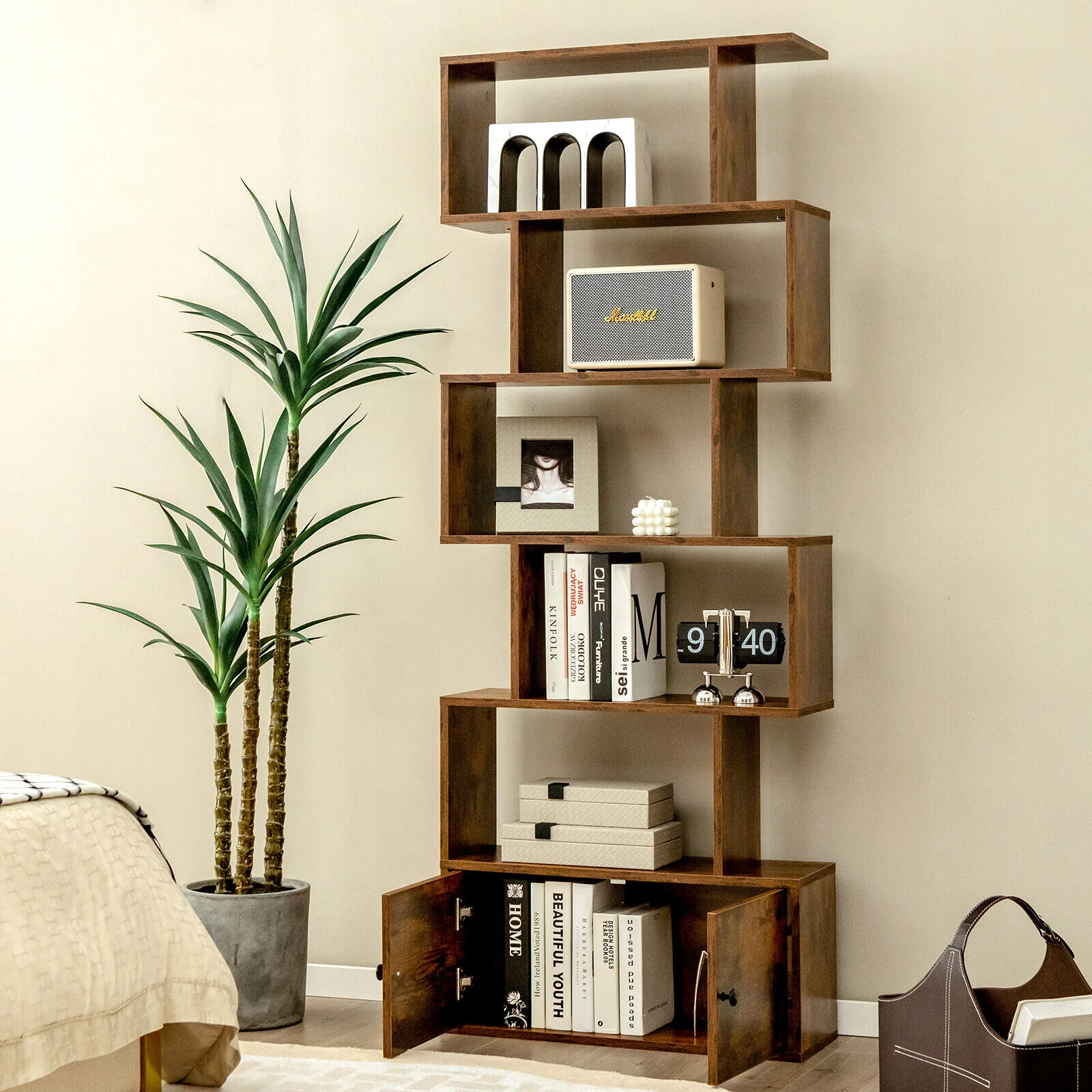 6-Tier S-Shaped Bookshelf With Cabinet, Doors, Coffee - Image 7