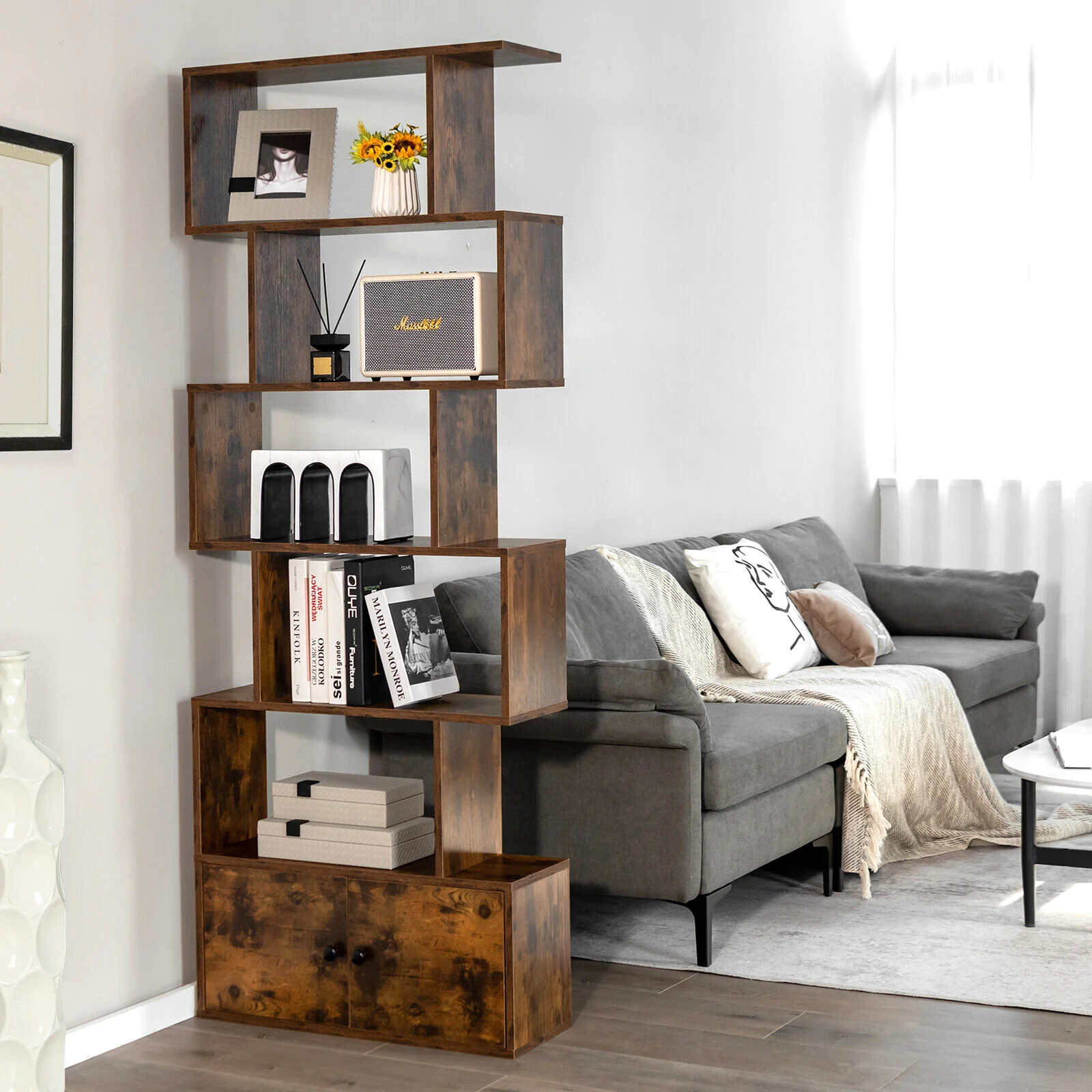 6-Tier S-Shaped Bookshelf With Cabinet, Doors, Coffee - Image 8