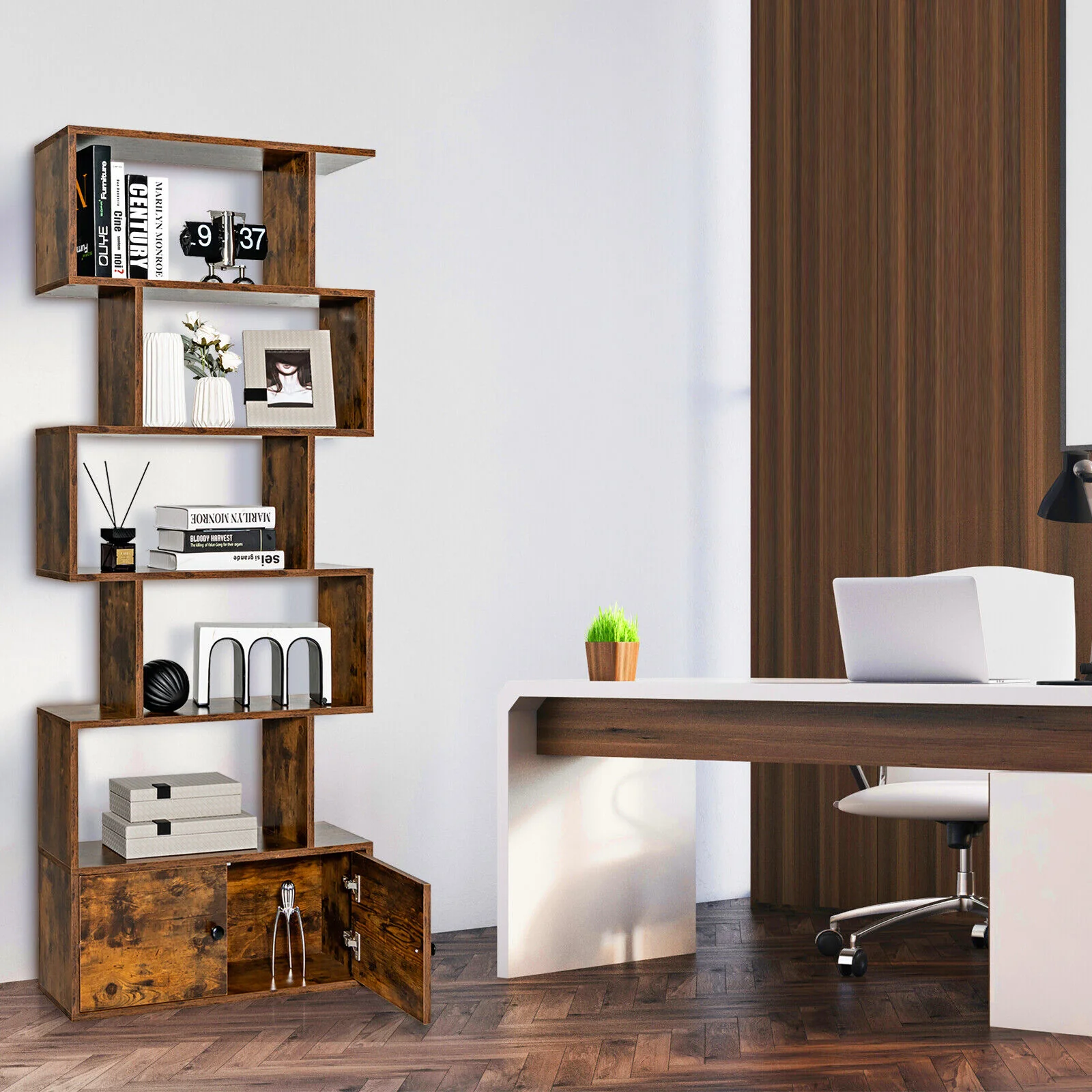6-Tier S-Shaped Bookshelf With Cabinet, Doors, Coffee - Image 9