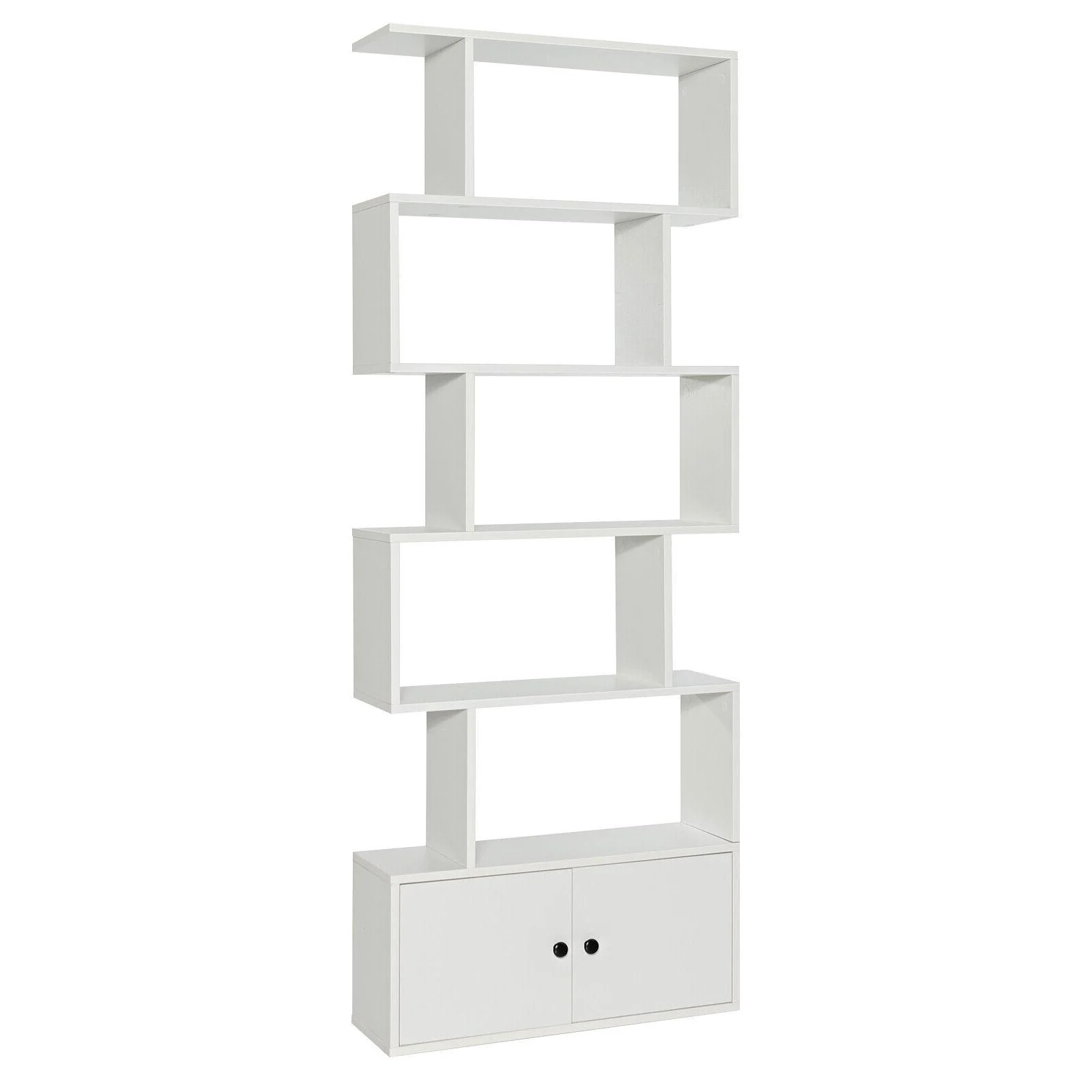 6-Tier S-Shaped Freestanding Bookshelf, Cabinet Doors, White