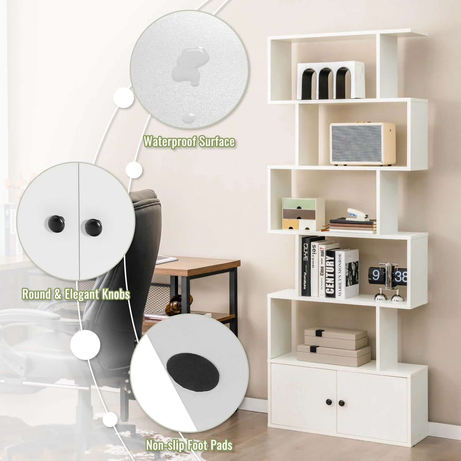 6-Tier S-Shaped Freestanding Bookshelf, Cabinet Doors, White - Image 10