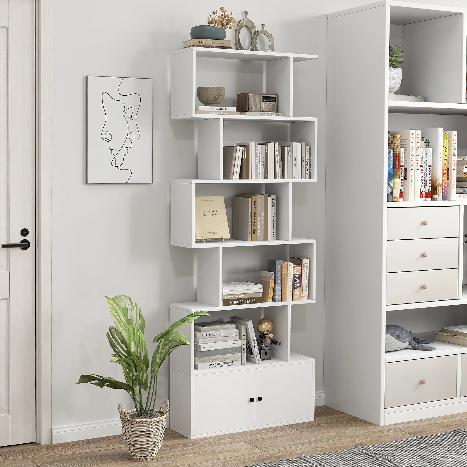 6-Tier S-Shaped Freestanding Bookshelf, Cabinet Doors, White - Image 2