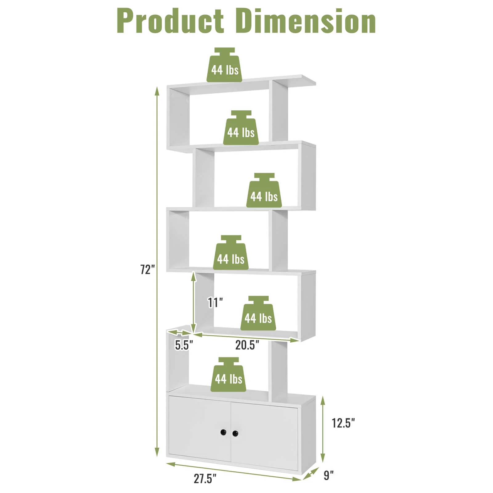 6-Tier S-Shaped Freestanding Bookshelf, Cabinet Doors, White - Image 5