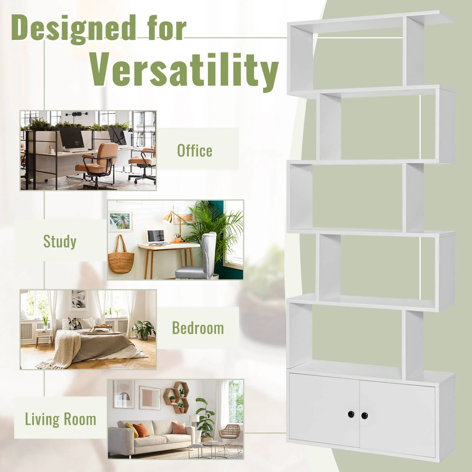 6-Tier S-Shaped Freestanding Bookshelf, Cabinet Doors, White - Image 7