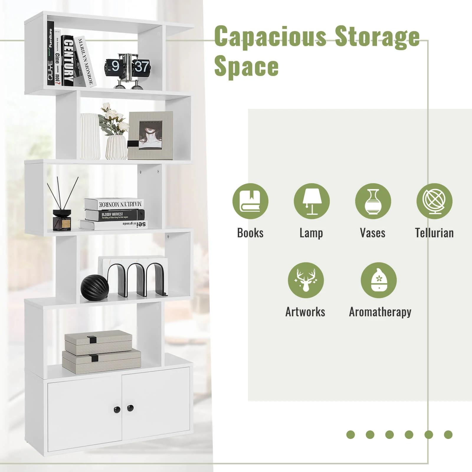 6-Tier S-Shaped Freestanding Bookshelf, Cabinet Doors, White - Image 8