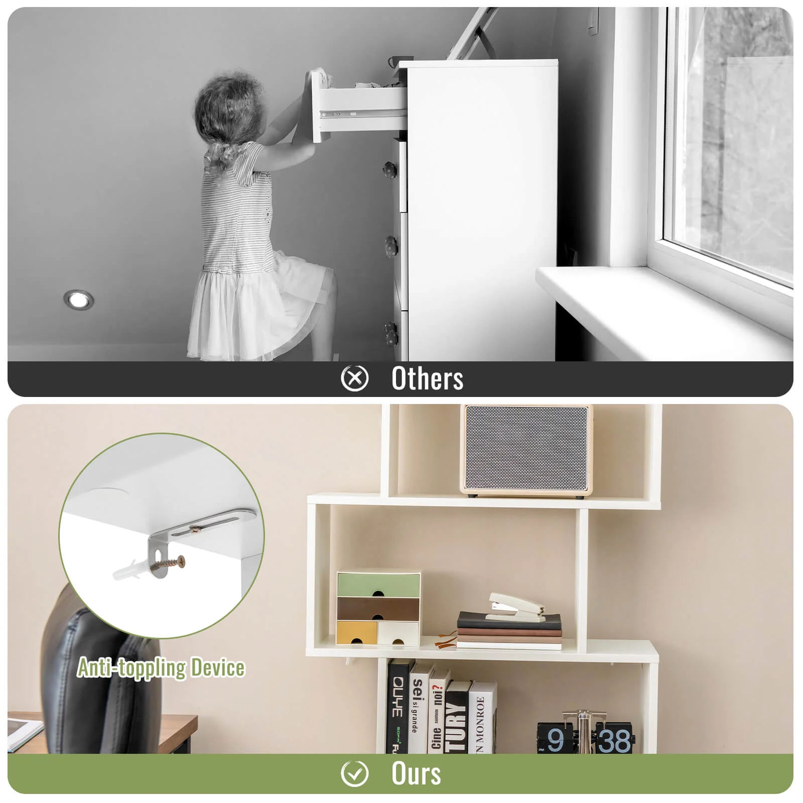 6-Tier S-Shaped Freestanding Bookshelf, Cabinet Doors, White - Image 9