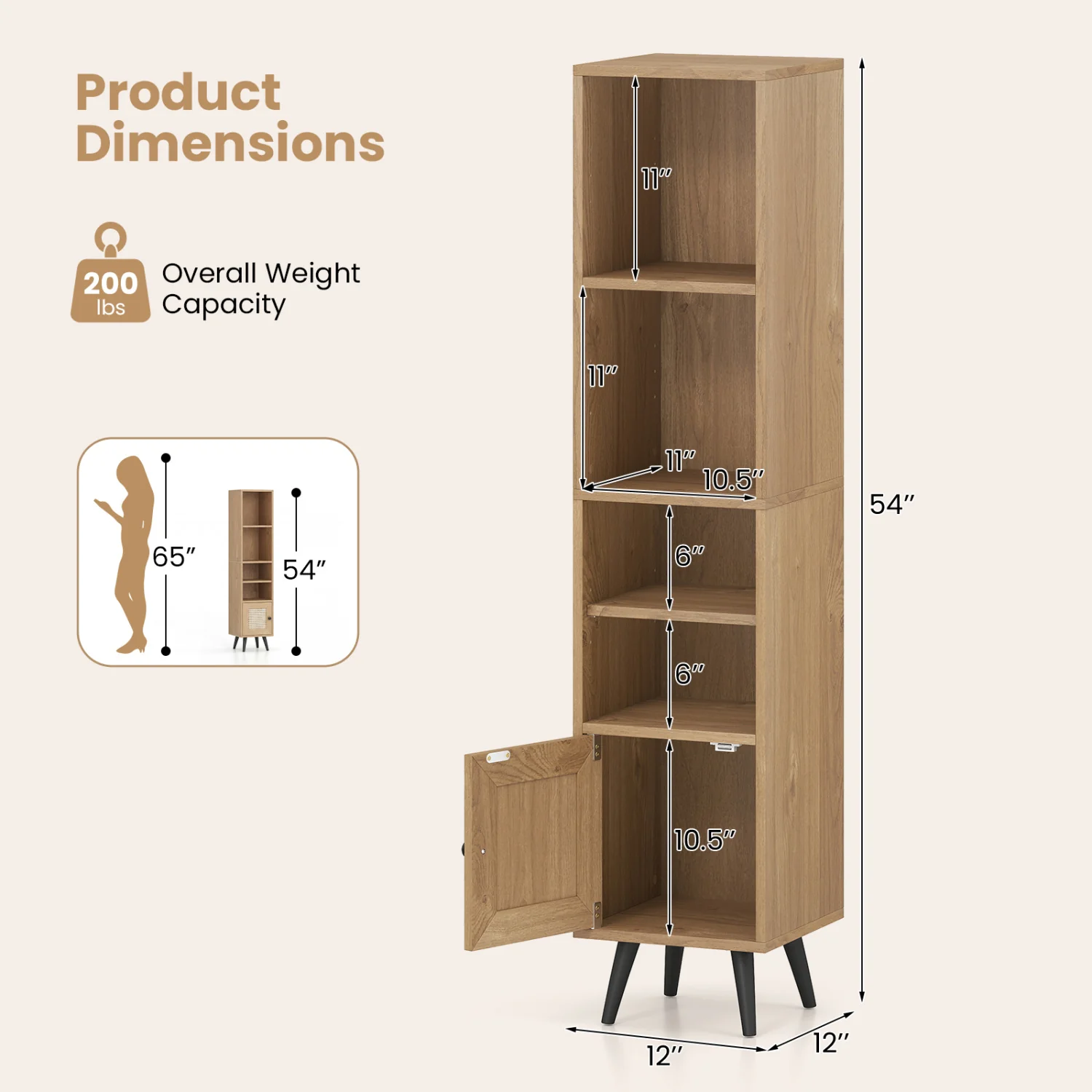 6-Tier Tall Narrow Bookcase, 54 Inches, Natural - Image 6