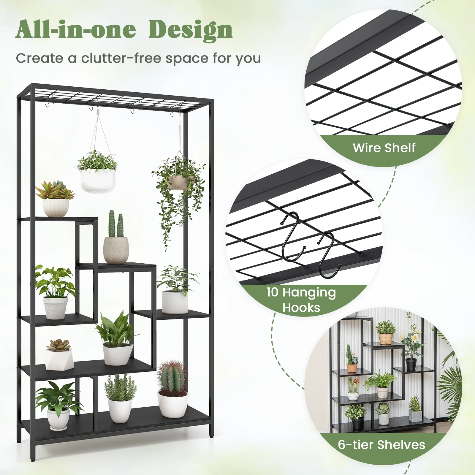 6-Tier Tall Plant Stand, 71 Inch, Metal, Indoor, Black - Image 8