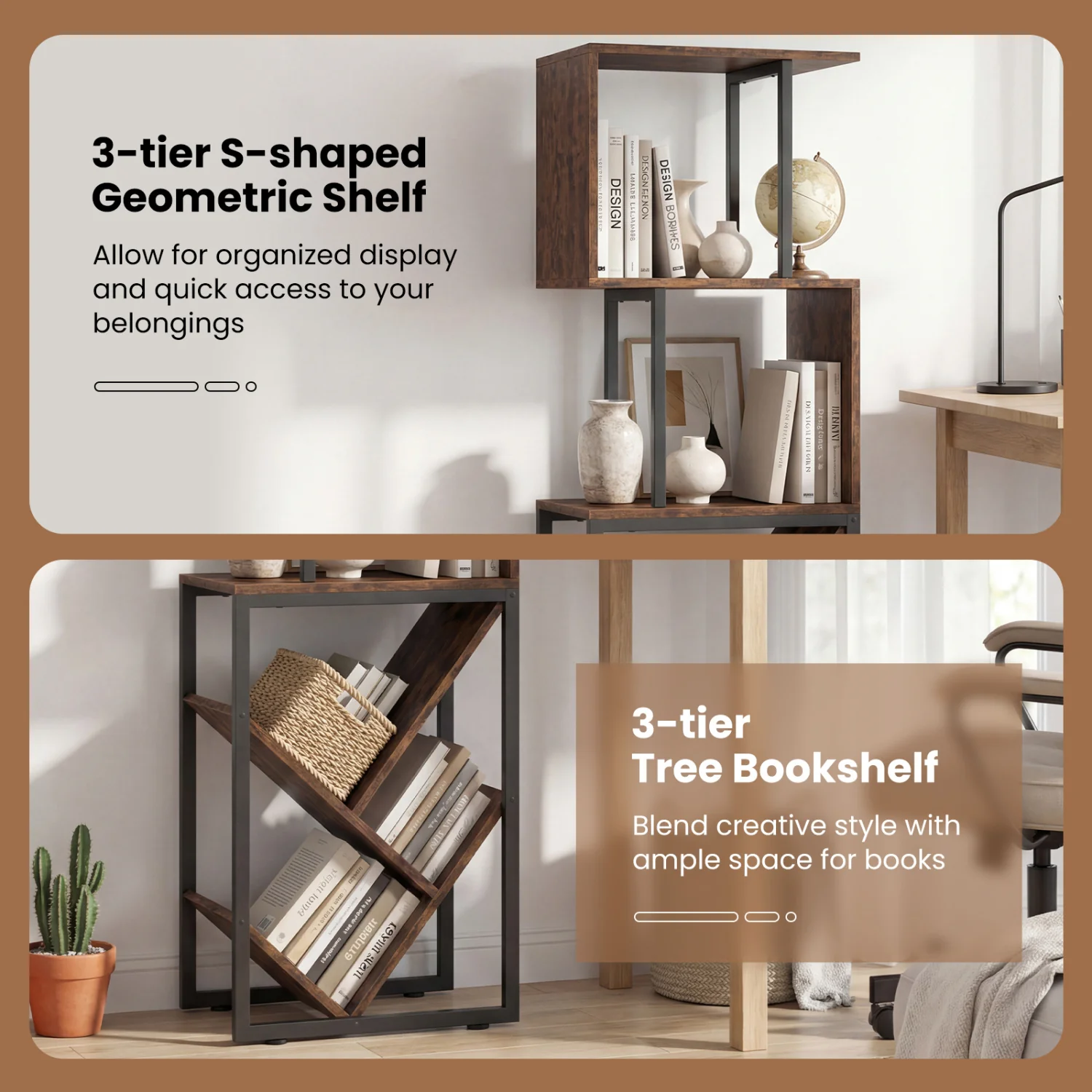 6-Tier Tree S-Shaped Geometric Bookcase, Brown - Image 10