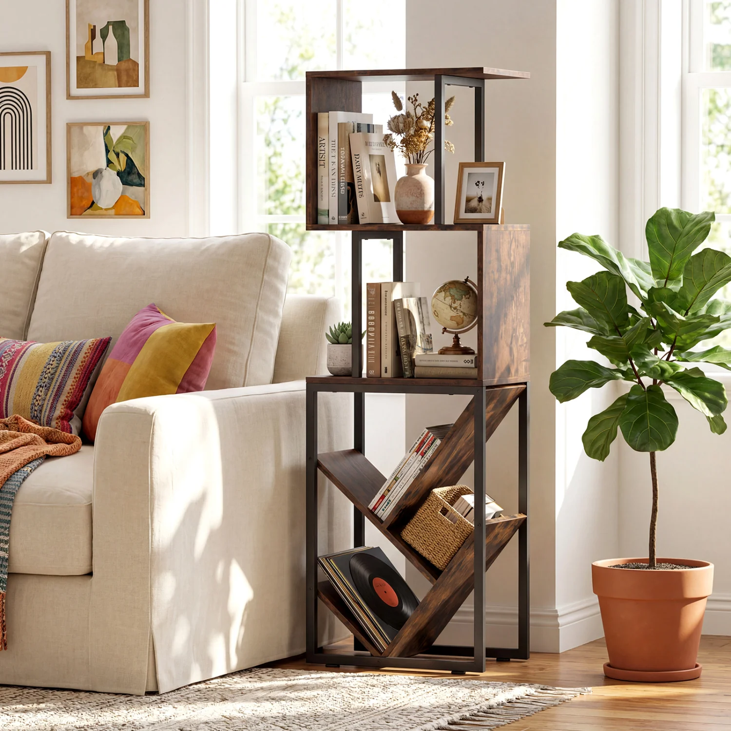 6-Tier Tree S-Shaped Geometric Bookcase, Brown - Image 2