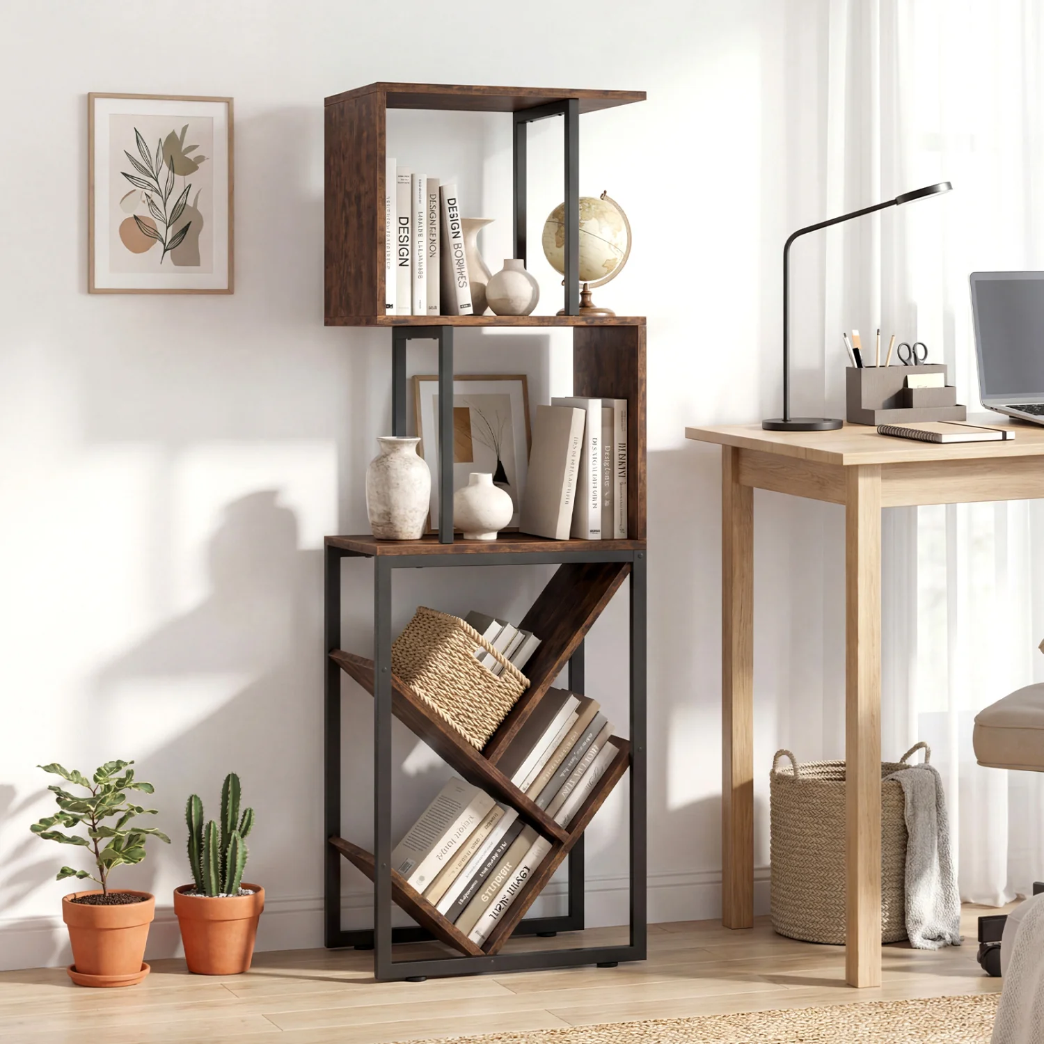 6-Tier Tree S-Shaped Geometric Bookcase, Brown - Image 3