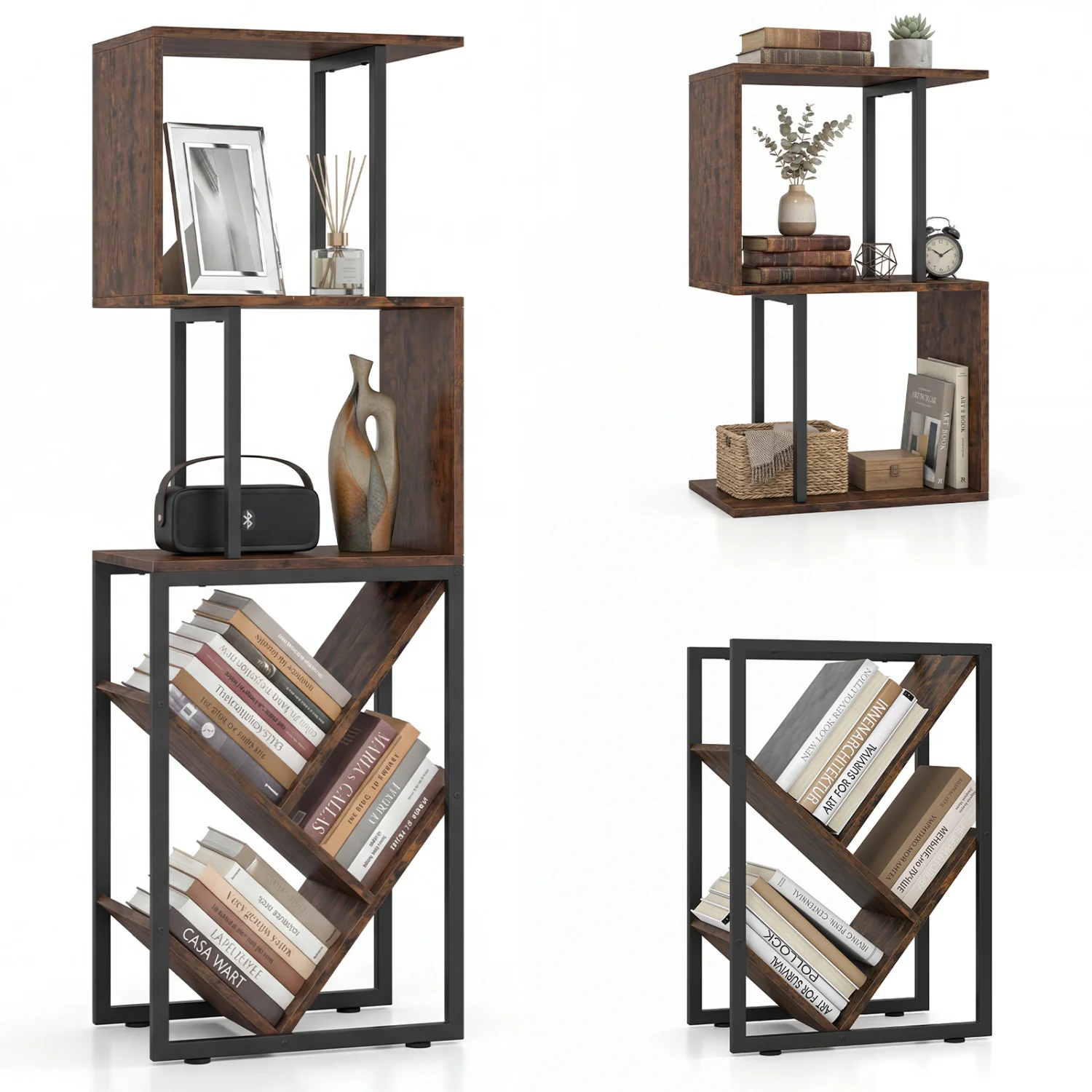 6-Tier Tree S-Shaped Geometric Bookcase, Brown - Image 5