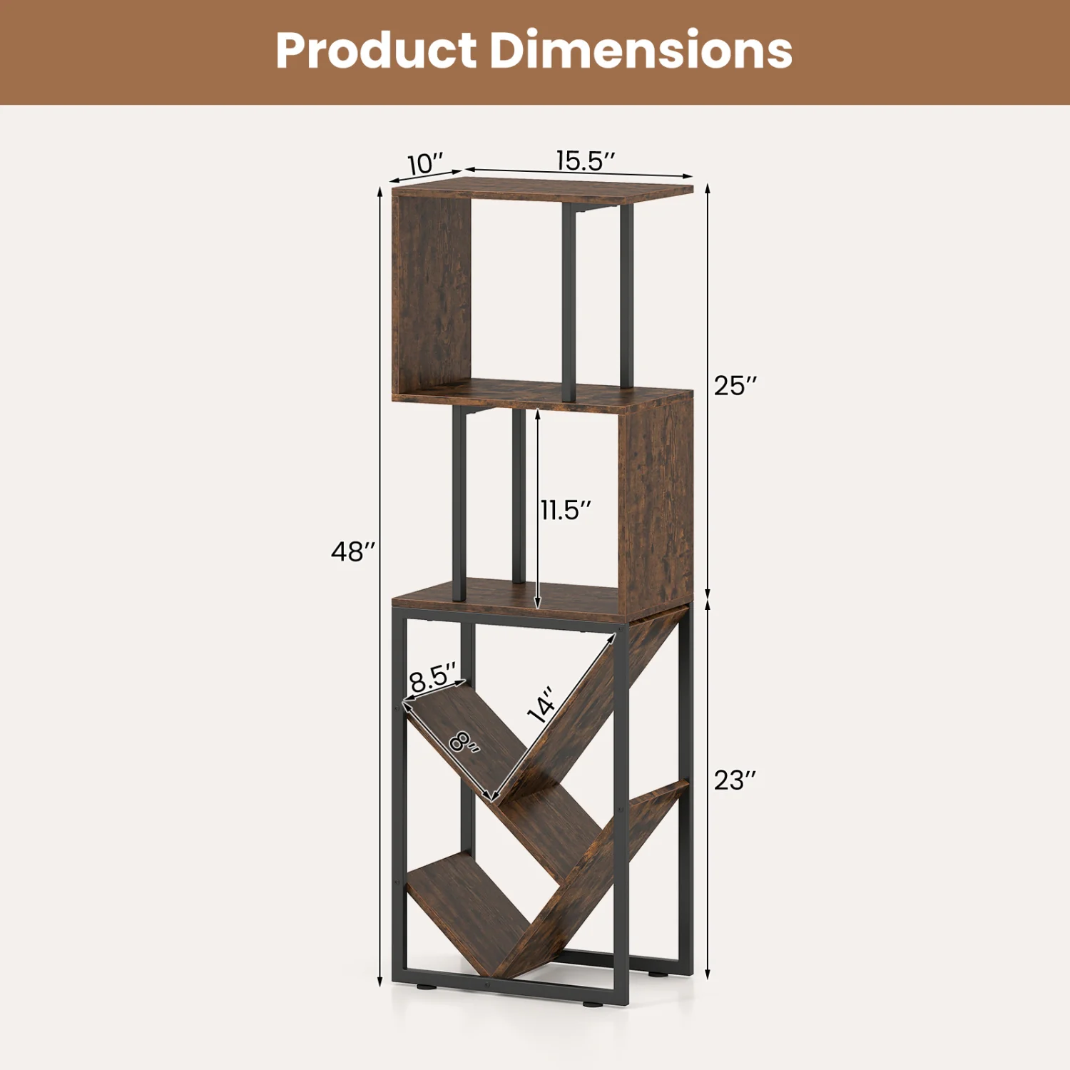 6-Tier Tree S-Shaped Geometric Bookcase, Brown - Image 7