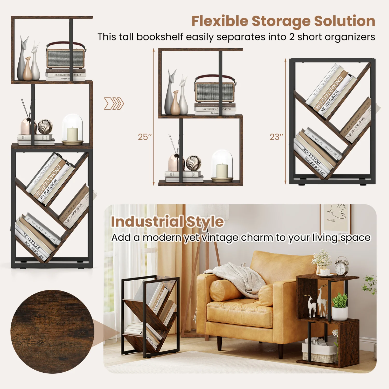 6-Tier Tree S-Shaped Geometric Bookcase, Brown - Image 8