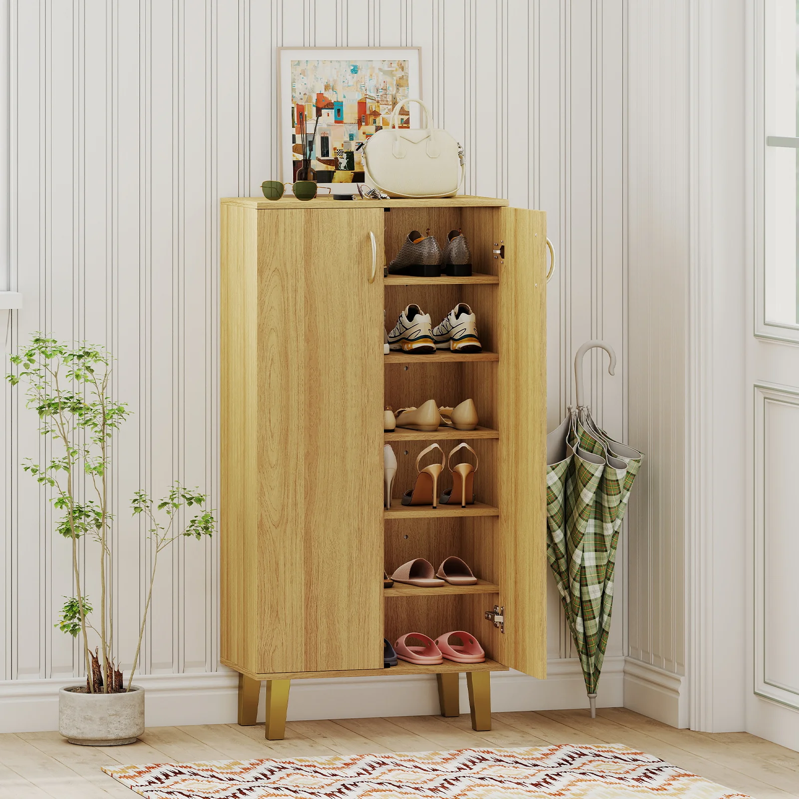 6-Tier Wooden Shoe Cabinet With Doors, Removable Shelves, Oak - Image 2