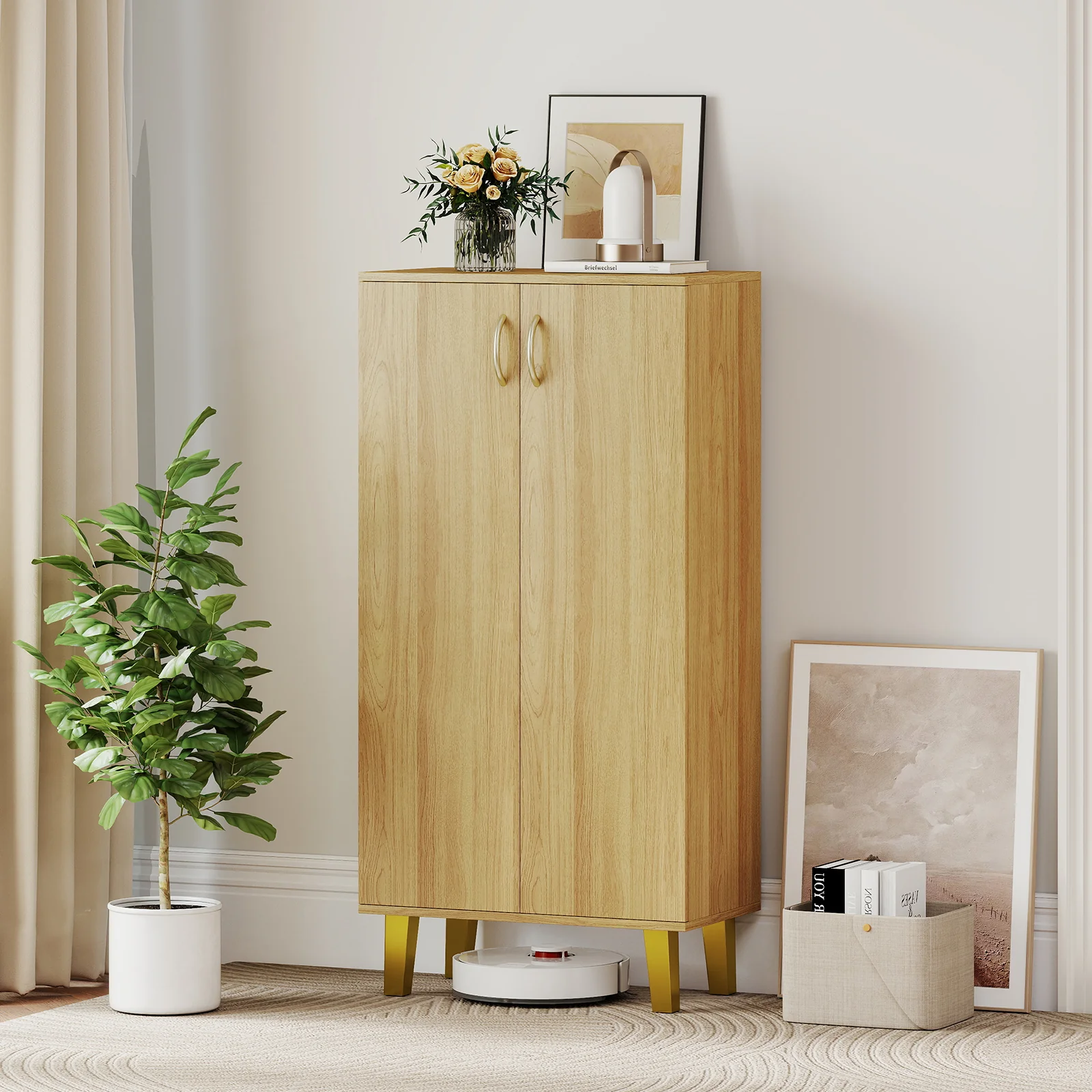 6-Tier Wooden Shoe Cabinet With Doors, Removable Shelves, Oak - Image 3