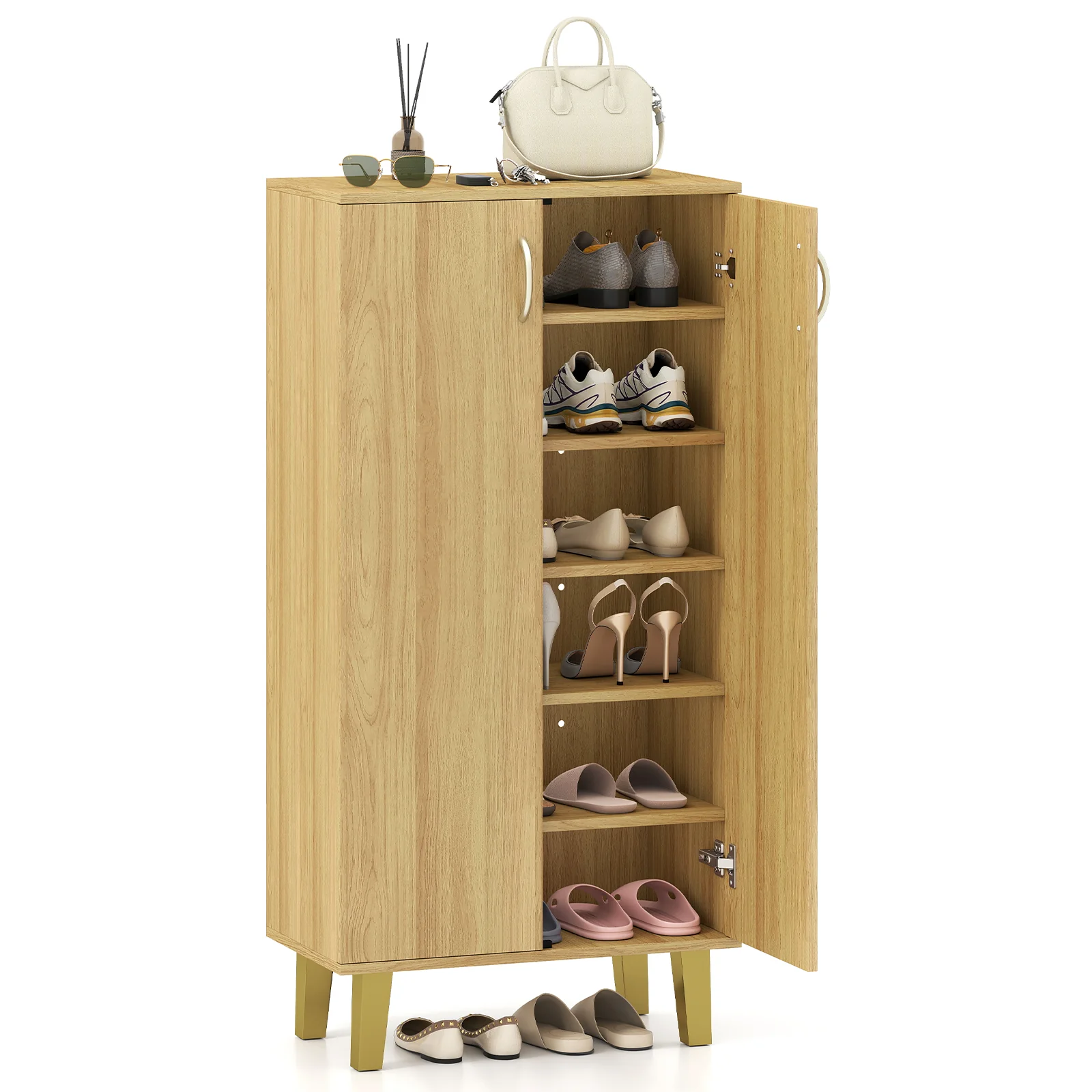 6-Tier Wooden Shoe Cabinet With Doors, Removable Shelves, Oak - Image 4