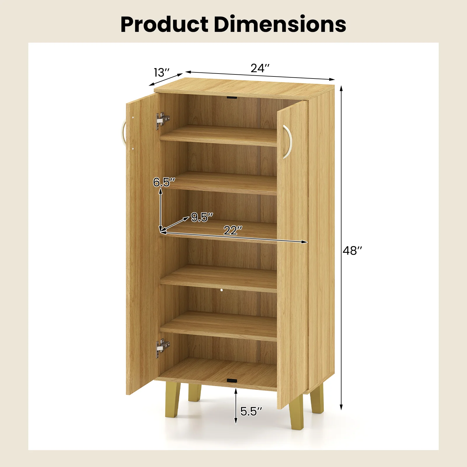 6-Tier Wooden Shoe Cabinet With Doors, Removable Shelves, Oak - Image 6