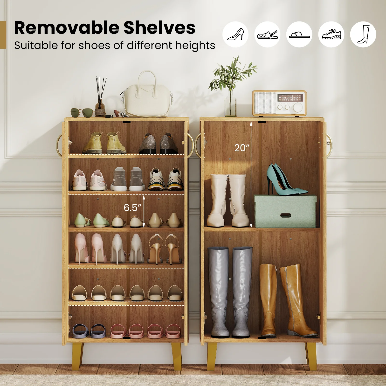 6-Tier Wooden Shoe Cabinet With Doors, Removable Shelves, Oak - Image 8