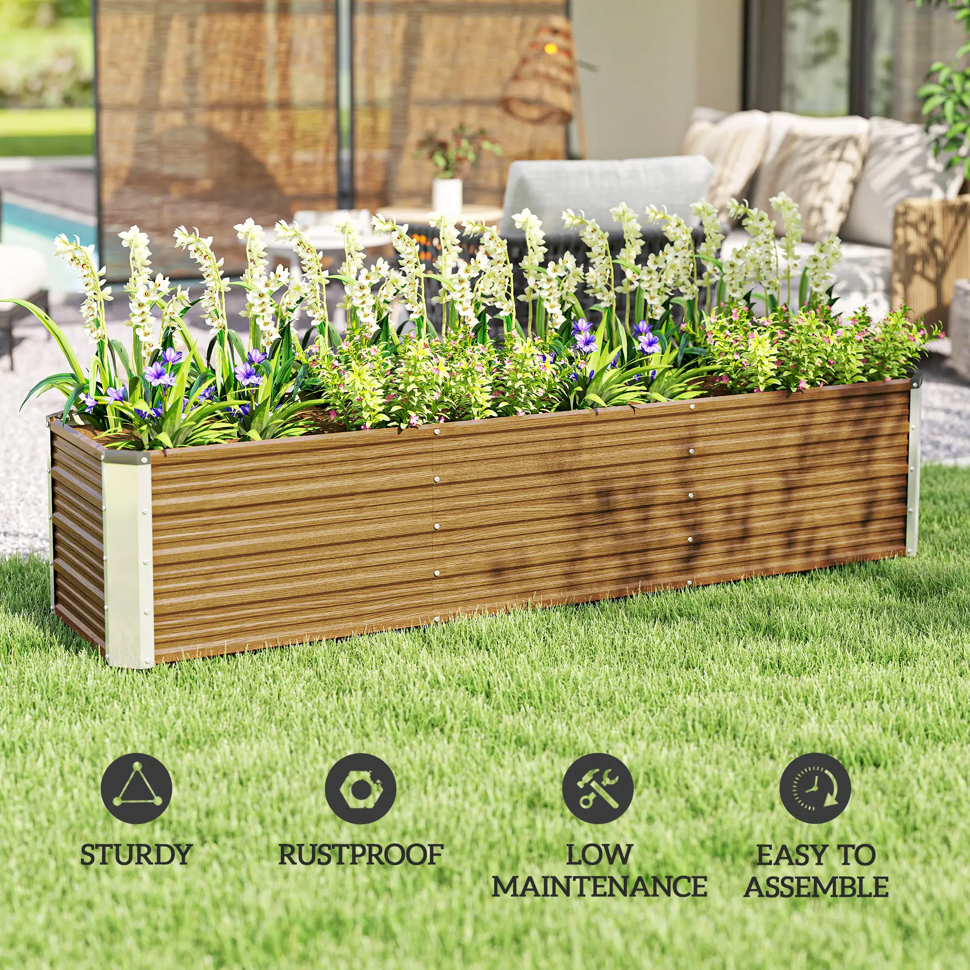 6' x 1.5' x 1.3' Galvanized Raised Garden Bed, Elevated Metal Planter Box, Brown Wood Effect, Brown - Image 6