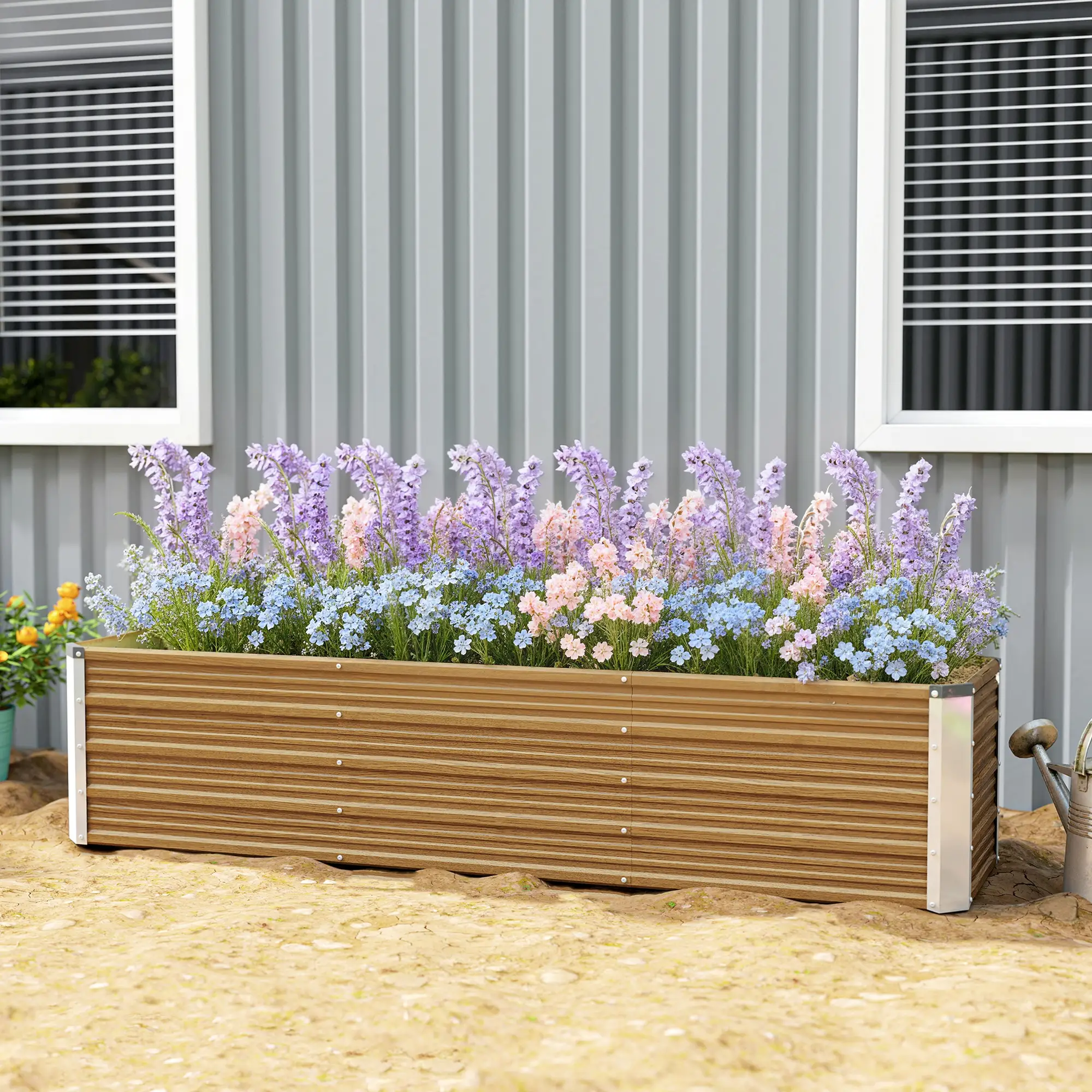 6' x 1.5' x 1.3' Galvanized Raised Garden Bed, Elevated Metal Planter Box, Brown Wood Effect, Brown - Image 8