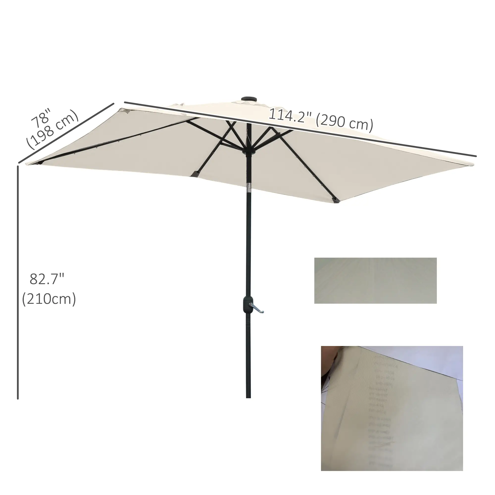 6' x 10' Rectangular Patio Umbrella, 22 LED Solar Lights, Tilt, Crank, Beige - Image 3
