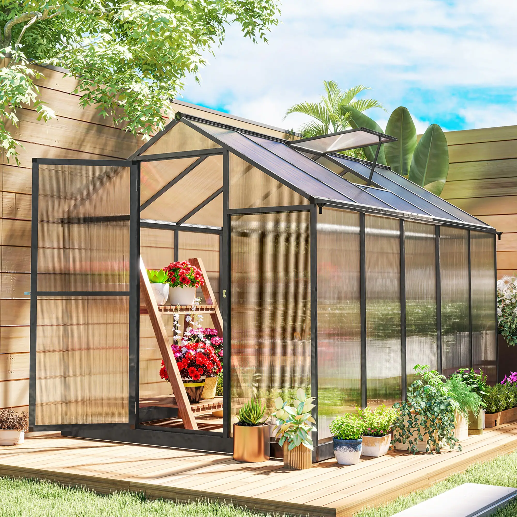 6' x 10' x 6.4' Polycarbonate Greenhouse, Aluminum Walk-In, Charcoal Grey - Image 2