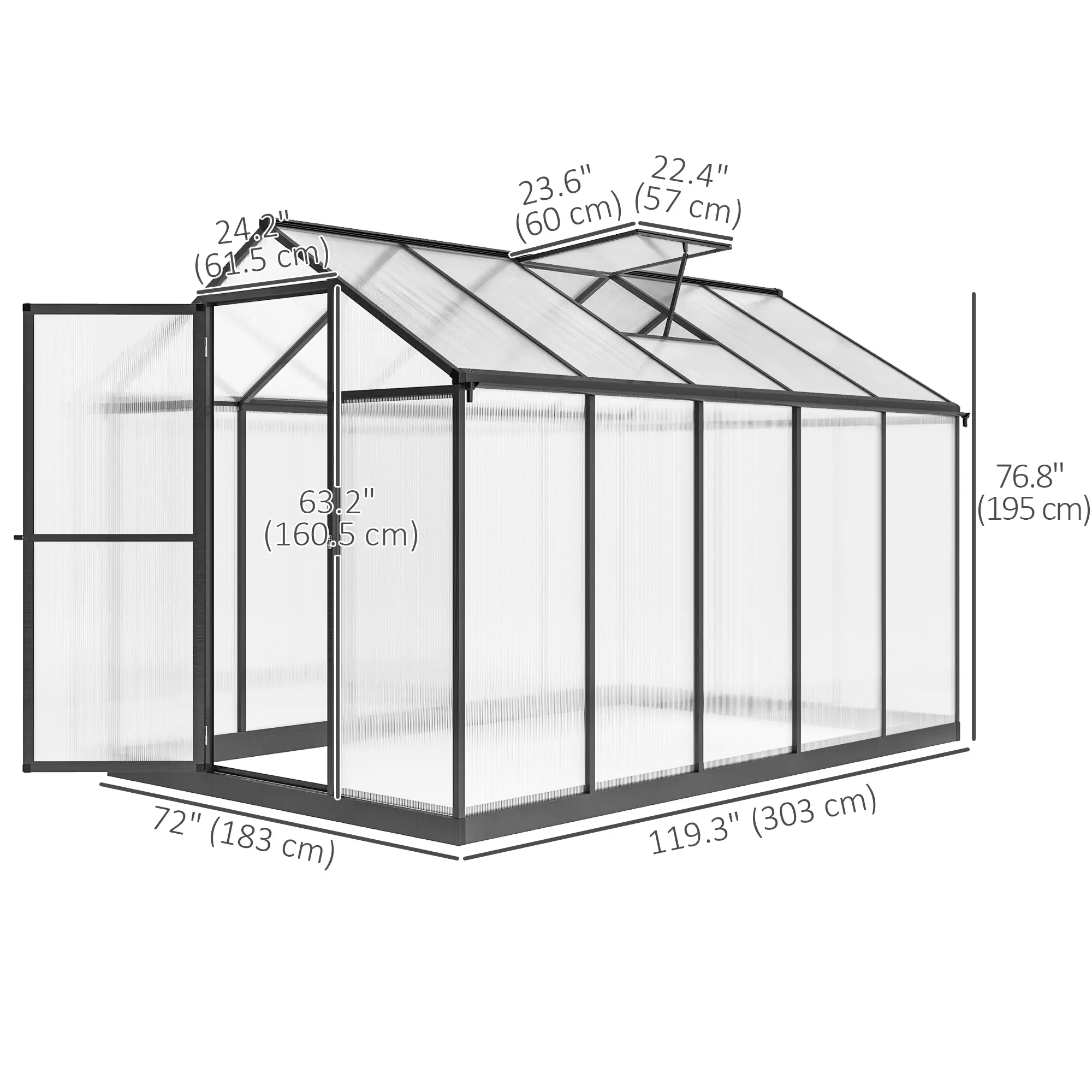 6' x 10' x 6.4' Polycarbonate Greenhouse, Aluminum Walk-In, Charcoal Grey - Image 3