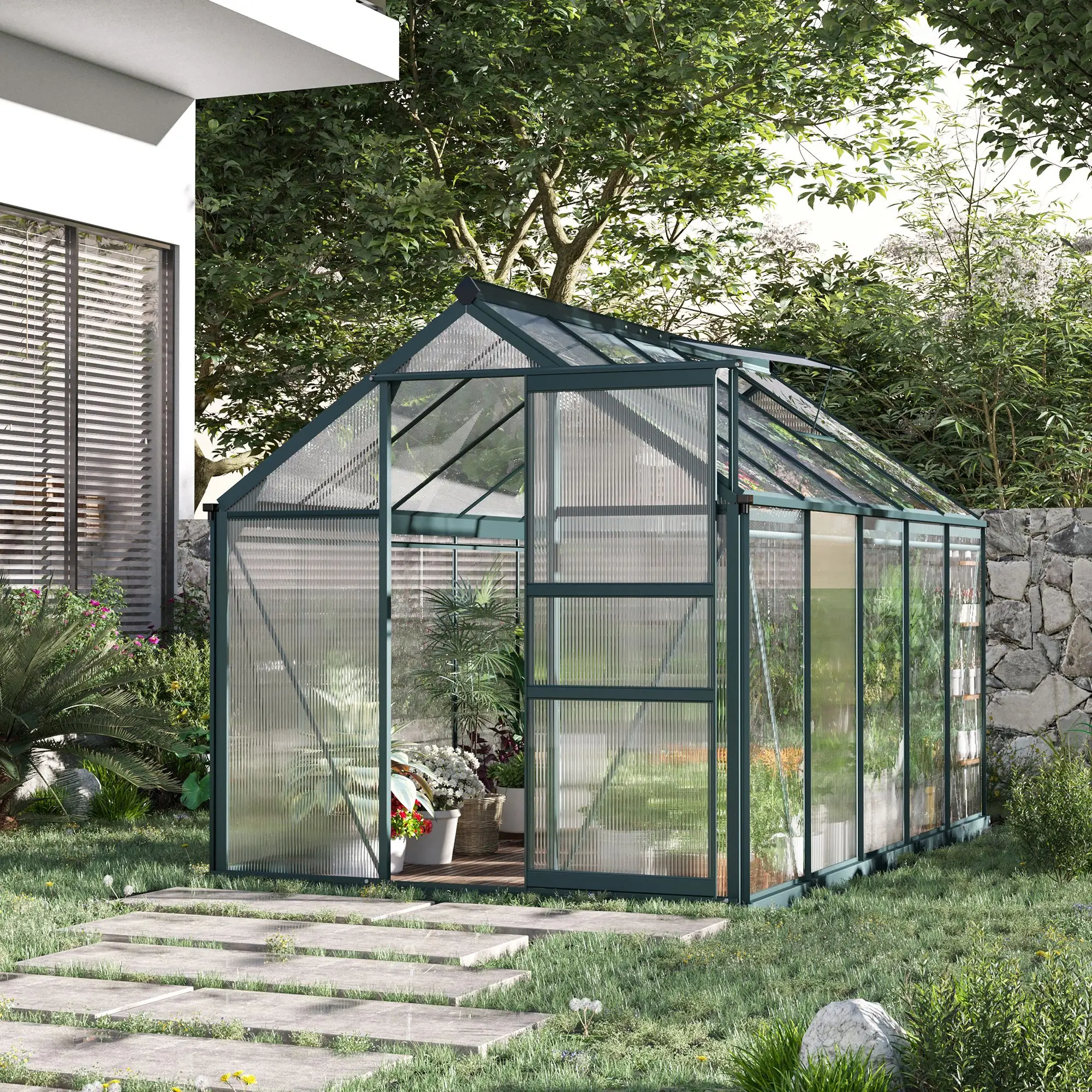 6' x 10' x 6.6' Polycarbonate Greenhouse, Walk-In Garden Kit, Green - Image 2