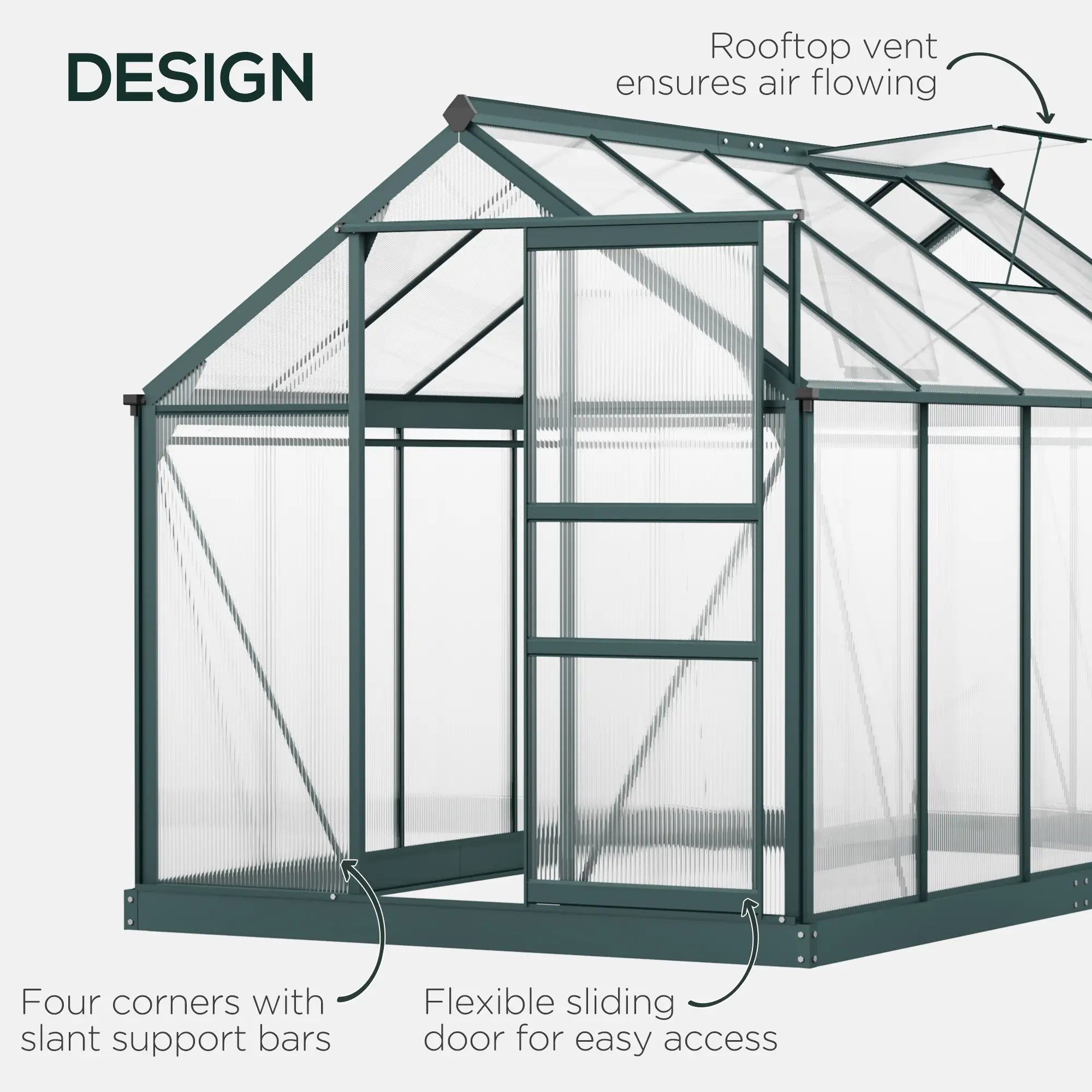 6' x 10' x 6.6' Polycarbonate Greenhouse, Walk-In Garden Kit, Green - Image 4