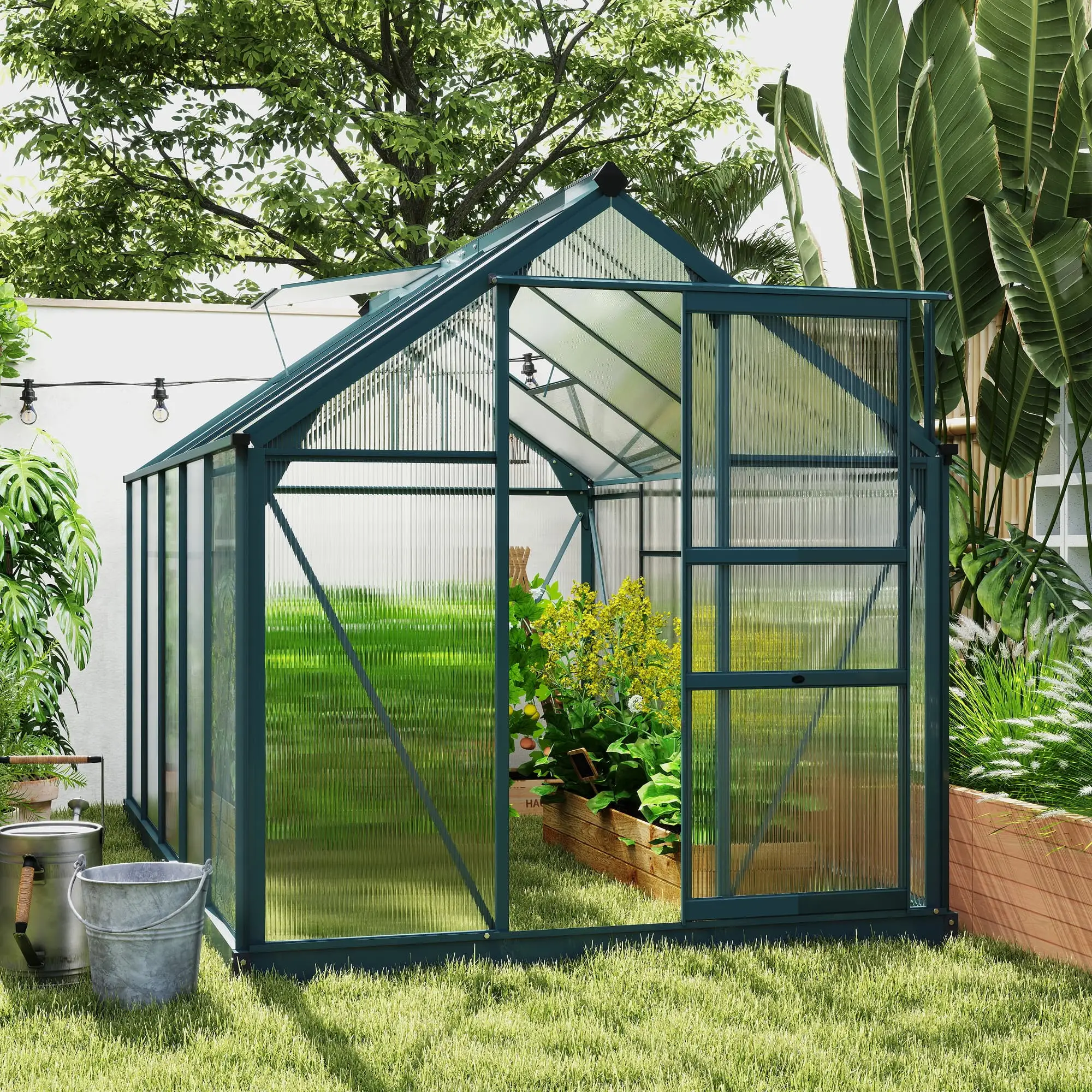6' x 10' x 6.6' Polycarbonate Greenhouse, Walk-In Garden Kit, Green - Image 8