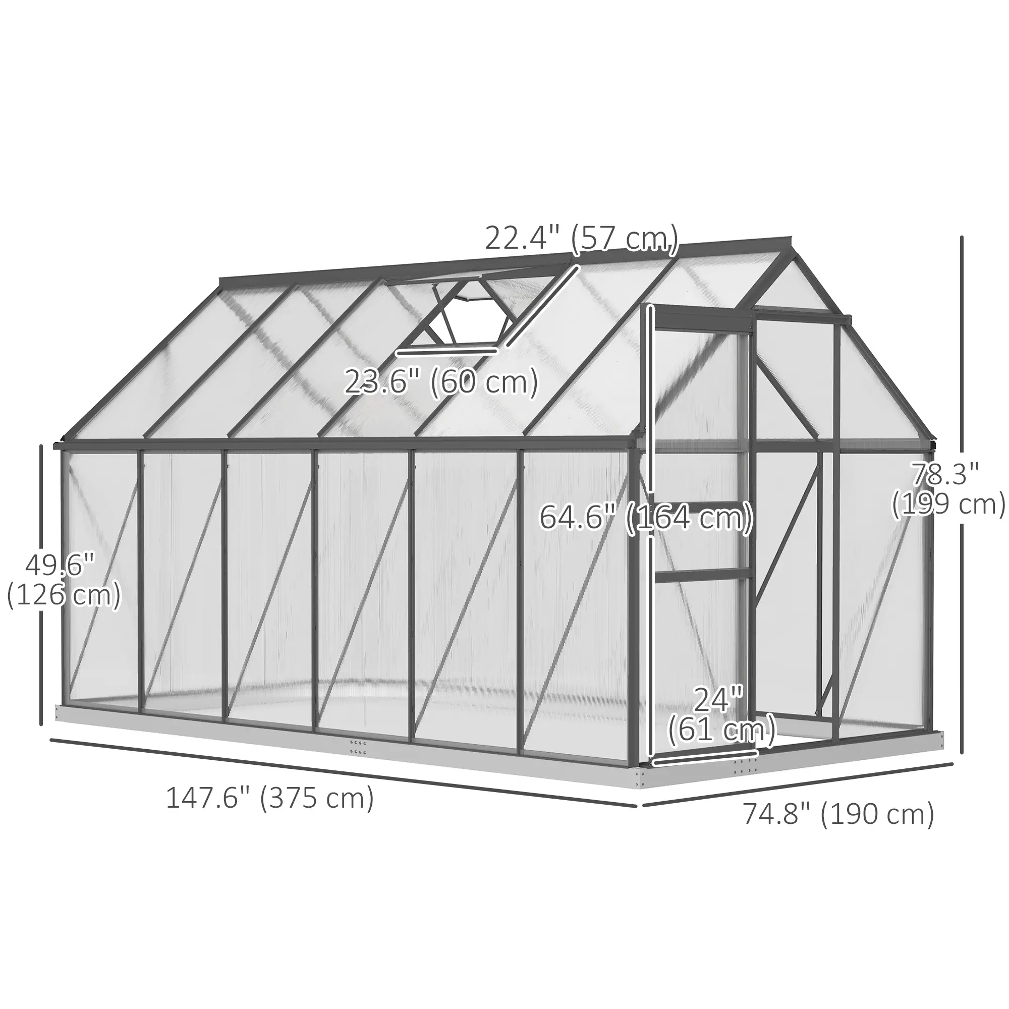 6' x 12' x 6.5' Polycarbonate Greenhouse, Walk-in, Adjustable Roof Vent, Sliding Door, Charcoal Grey - Image 3
