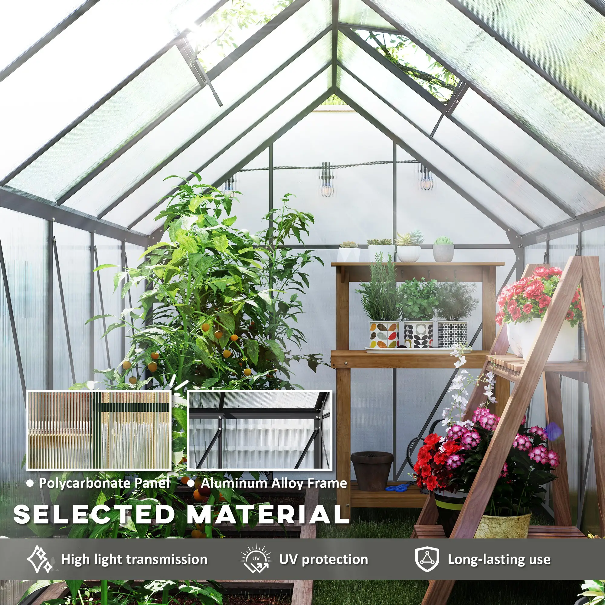 6' x 12' x 6.5' Polycarbonate Greenhouse, Walk-in, Adjustable Roof Vent, Sliding Door, Charcoal Grey - Image 4