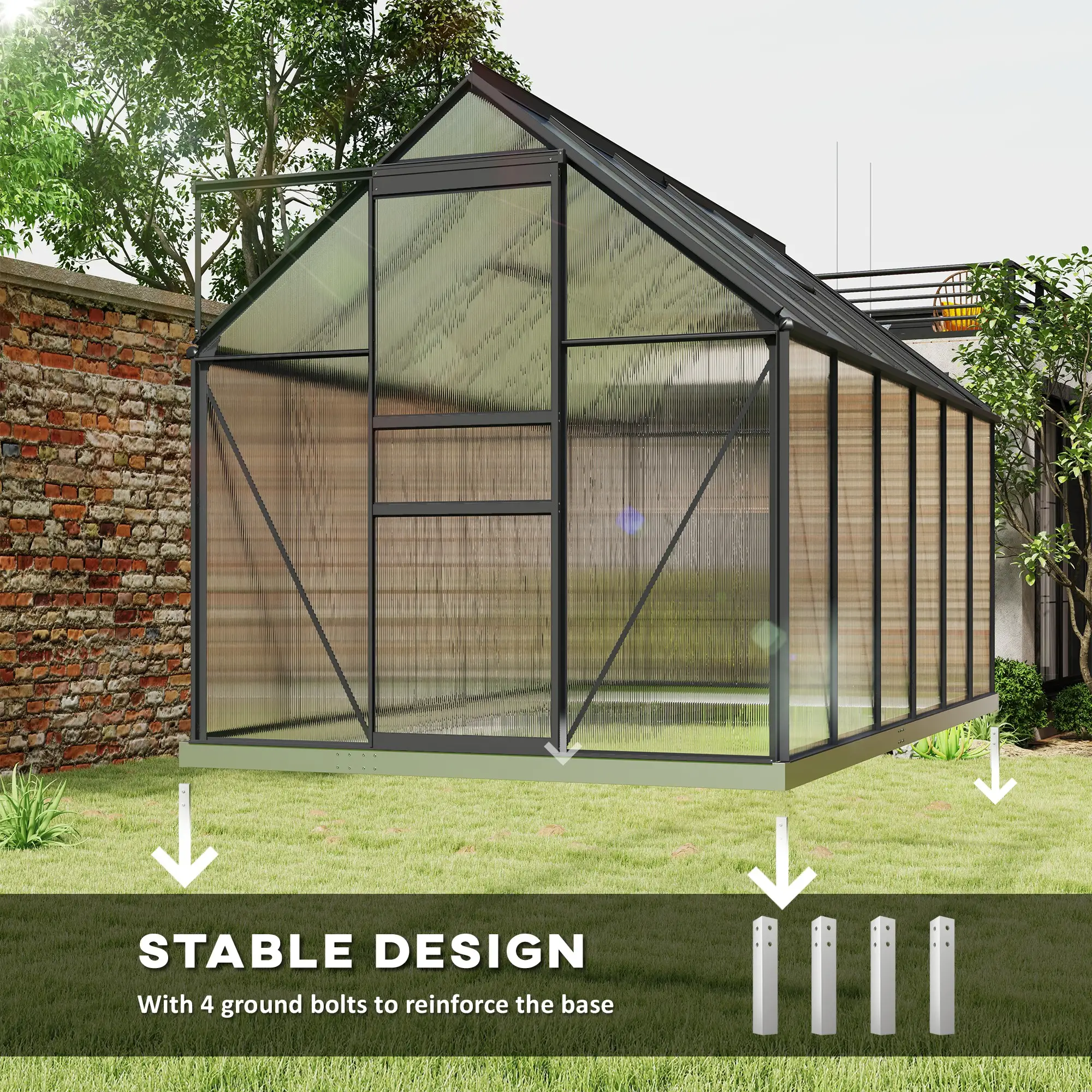 6' x 12' x 6.5' Polycarbonate Greenhouse, Walk-in, Adjustable Roof Vent, Sliding Door, Charcoal Grey - Image 6