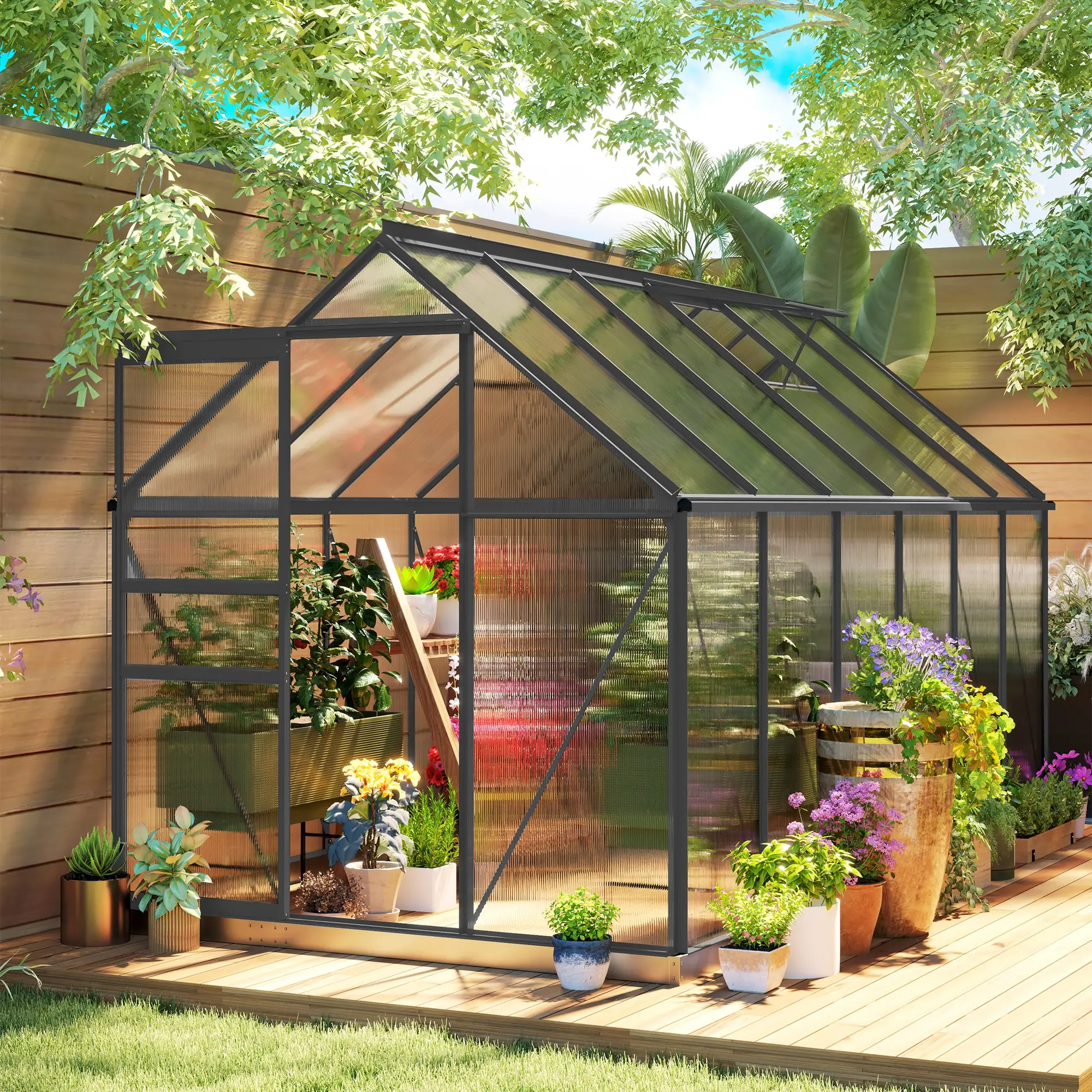 6' x 12' x 6.5' Polycarbonate Greenhouse, Walk-in, Adjustable Roof Vent, Sliding Door, Charcoal Grey - Image 8