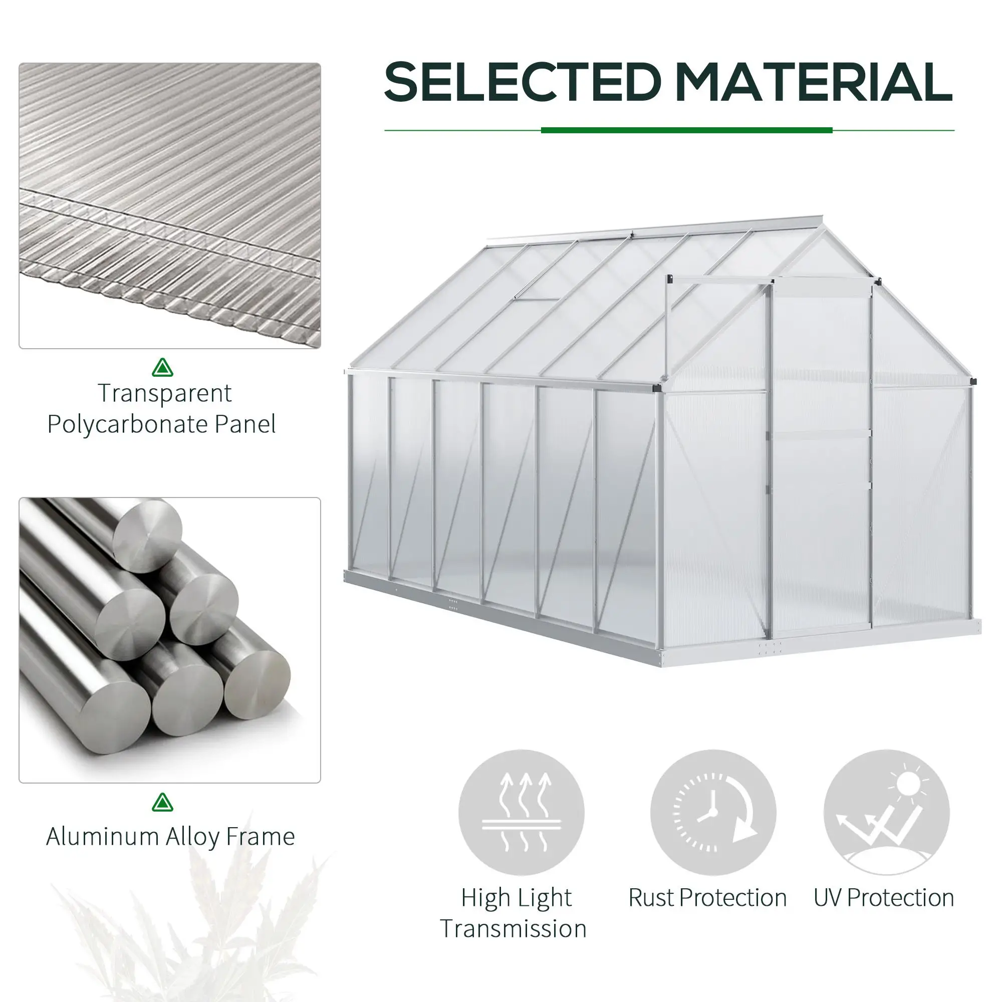 6' x 12' x 6.5' Walk-in Greenhouse, Polycarbonate, Adjustable Roof Vent, Sliding Door, Clear - Image 4