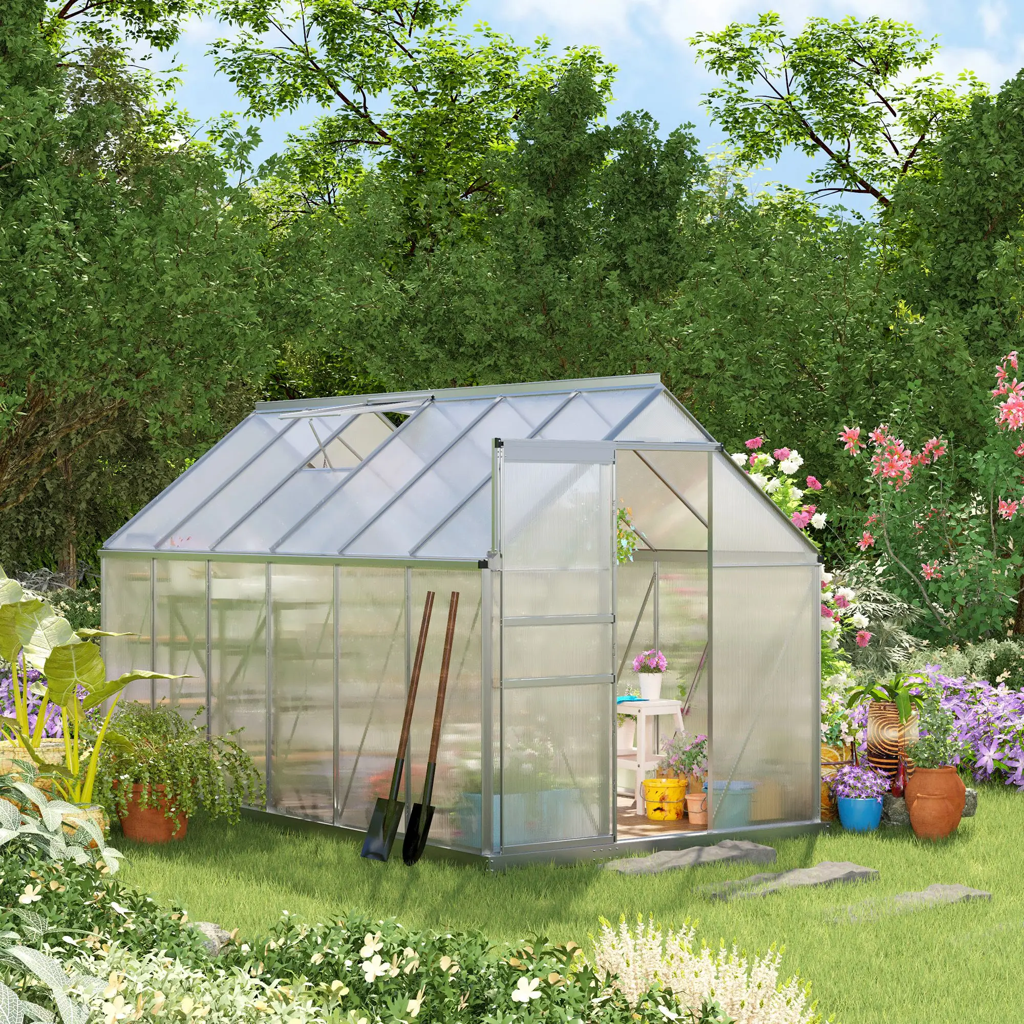 6' x 12' x 6.5' Walk-in Greenhouse, Polycarbonate, Adjustable Roof Vent, Sliding Door, Clear - Image 8