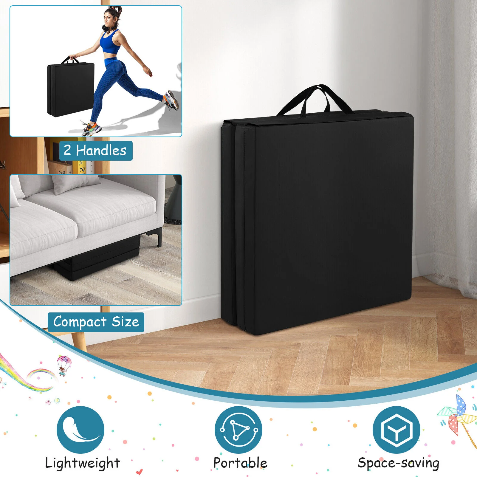 6 x 2 FT Tri-Fold Gym Mat with Handles and Removable Zippered Cover, Black - Image 8