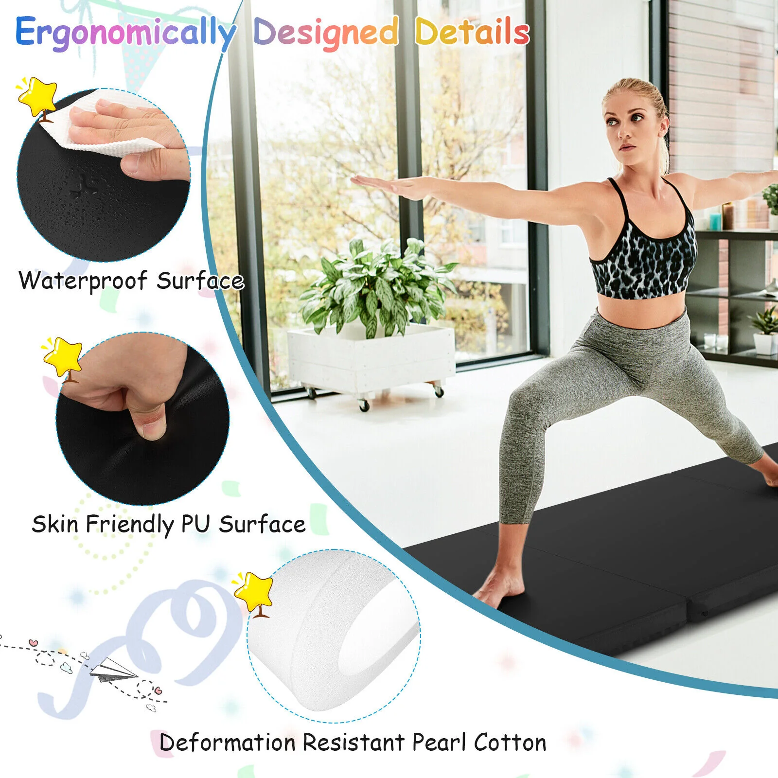 6 x 2 FT Tri-Fold Gym Mat with Handles and Removable Zippered Cover, Black - Image 9